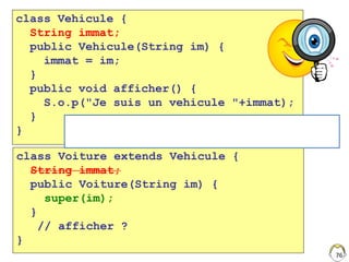 76
class Vehicule {
String immat;
public Vehicule(String im) {
immat = im;
}
public void afficher() {
S.o.p("Je suis un vehicule "+immat);
}
}
class Voiture extends Vehicule {
String immat;
public Voiture(String im) {
super(im);
}
// afficher ?
}
Voiture v = new Voiture("300 ISI 63");
v.afficher();
 