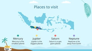 Places to visit
Mercury is the
smallest planet
Mercury
Jupiter is the
biggest planet
Jupiter
Saturn is a gas
giant planet
Saturn
Neptune is far
away from Earth
Neptune
 