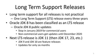 Long Term Support Releases
• Long term support for all releases is not practical
– One Long Term Support (LTS) release every three years
• Oracle JDK 8 has been classified as an LTS release
– Oracle JDK 8 public updates
• Stop in January 2019 for commercial users
• Non-commercial users get updates until December 2020
• Next LTS release is JDK 11 (then JDK 17, 23, etc.)
• JDK 9 and JDK 10 are feature releases
• Updates for only six months
5
 