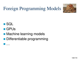 109/172
Foreign Programming Models
 SQL
 GPUs
 Machine learning models
 Differentiable programming
 …
 
