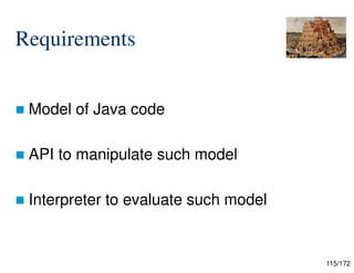 115/172
Requirements
 Model of Java code
 API to manipulate such model
 Interpreter to evaluate such model
 