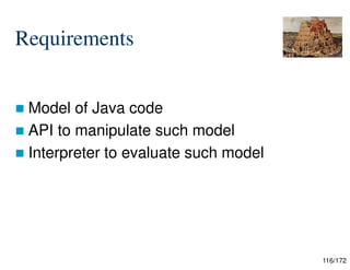 116/172
Requirements
 Model of Java code
 API to manipulate such model
 Interpreter to evaluate such model

 