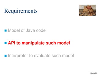124/172
Requirements
 Model of Java code
 API to manipulate such model
 Interpreter to evaluate such model
 