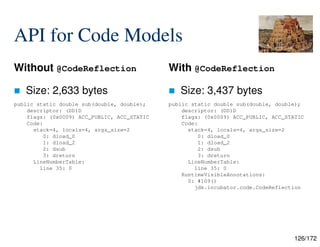 126/172
API for Code Models
Without @CodeReflection
 Size: 2,633 bytes
With @CodeReflection
 Size: 3,437 bytes
public static double sub(double, double);
descriptor: (DD)D
flags: (0x0009) ACC_PUBLIC, ACC_STATIC
Code:
stack=4, locals=4, args_size=2
0: dload_0
1: dload_2
2: dsub
3: dreturn
LineNumberTable:
line 35: 0
public static double sub(double, double);
descriptor: (DD)D
flags: (0x0009) ACC_PUBLIC, ACC_STATIC
Code:
stack=4, locals=4, args_size=2
0: dload_0
1: dload_2
2: dsub
3: dreturn
LineNumberTable:
line 35: 0
RuntimeVisibleAnnotations:
0: #109()
jdk.incubator.code.CodeReflection
 