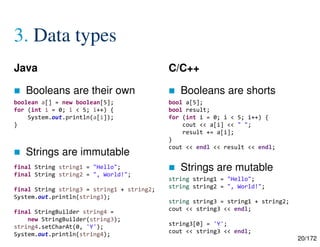 20/172
3. Data types
Java
 Booleans are their own
 Strings are immutable
C/C++
 Booleans are shorts
 Strings are mutable
bool a[5];
bool result;
for (int i = 0; i < 5; i++) {
cout << a[i] << " ";
result += a[i];
}
cout << endl << result << endl;
boolean a[] = new boolean[5];
for (int i = 0; i < 5; i++) {
System.out.println(a[i]);
}
string string1 = "Hello";
string string2 = ", World!";
string string3 = string1 + string2;
cout << string3 << endl;
string3[0] = 'Y';
cout << string3 << endl;
final String string1 = "Hello";
final String string2 = ", World!";
final String string3 = string1 + string2;
System.out.println(string3);
final StringBuilder string4 =
new StringBuilder(string3);
string4.setCharAt(0, 'Y');
System.out.println(string4);
 