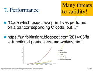 27/172
7. Performance
 “Code which uses Java primitives performs
on a par corresponding C code, but…”
 https://unriskinsight.blogspot.com/2014/06/fa
st-functional-goats-lions-and-wolves.html
Many threats
to validity!
https://www.oracle.com/java/technologies/performance-comparisons.html
 
