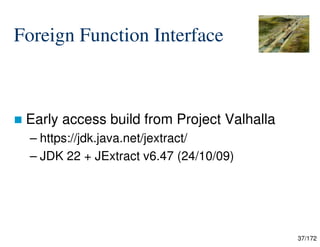 37/172
Foreign Function Interface
 Early access build from Project Valhalla
– https://jdk.java.net/jextract/
– JDK 22 + JExtract v6.47 (24/10/09)
 