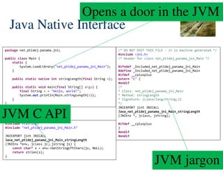 42/172
Java Native Interface
package net.ptidej.panama.jni;
public class Main {
static {
System.loadLibrary("net_ptidej_panama_jni_Main");
}
public static native int stringLength(final String s);
public static void main(final String[] args) {
final String s = "Hello, world!";
System.out.println(Main.stringLength(s));
}
}
/* DO NOT EDIT THIS FILE - it is machine generated */
#include <jni.h>
/* Header for class net_ptidej_panama_jni_Main */
#ifndef _Included_net_ptidej_panama_jni_Main
#define _Included_net_ptidej_panama_jni_Main
#ifdef __cplusplus
extern "C" {
#endif
/*
* Class: net_ptidej_panama_jni_Main
* Method: stringLength
* Signature: (Ljava/lang/String;)I
*/
JNIEXPORT jint JNICALL
Java_net_ptidej_panama_jni_Main_stringLength
(JNIEnv *, jclass, jstring);
#ifdef __cplusplus
}
#endif
#endif
#include <cstring>
#include "net_ptidej_panama_jni_Main.h"
JNIEXPORT jint JNICALL
Java_net_ptidej_panama_jni_Main_stringLength
(JNIEnv *env, jclass jc, jstring js) {
const char* s = env->GetStringUTFChars(js, NULL);
return strlen(s);
}
Opens a door in the JVM
JVM jargon
JVM C API
 