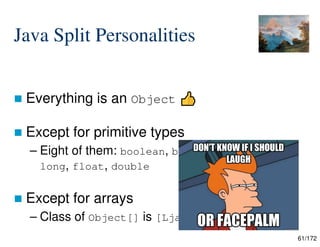 61/172
Java Split Personalities
 Everything is an Object
 Except for primitive types
– Eight of them: boolean, byte, char, short, int,
long, float, double
 Except for arrays
– Class of Object[] is [Ljava.lang.Object;
 