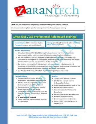 JAVA J2EE/JEE Professional Competency Development Program – Session Schedule

We focus on delivering Role-Specific training rather than Product based Training




   JAVA J2EE / JEE Professional Role Based Training




                                                                                          C.
     Course Duration: 60 hrs + Live Case Studies        Timings: Weekdays & Weekends (after work hours)
     Prerequisite: Anyone with analytical skills        Mode of Training: Online




                                                                          LL
     How Are We Different?
       We just don’t teach JAVA J2EE/JEE Concepts but we share our real-time implementation
         experiences to get the audiences ready to face customers and Implement Solutions.
       We don’t make JAVA J2EE/JEE Developer but we make them Complete & Full-fledged J2EE
                                                           ch
         Consultants by training them on Development, Administration & Application Design with Project
         based real-time scenarios and several Case Studies for practice
       Our faculties are not just technical developers or trainers; they are industry experts and
         consultants for fortune 500 companies who are highly capable of understanding the business and
                                             Te
         know how technology can be closely connected with people and business.
       Our Role-Specific training differs from any other training company in the world


     Training Highlights:                                       Benefits:
        Focus on Hands on training with lot of                   Quality Course Material & E-books
                                    n


          assignments, practice exercises and quizzes             24 x 7 Online access to trainers
        100 plus hours of Assignments, 2+ Live Case               for Doubts Clarification,
                        ra



Course Title: Business Analyst Competency Development Program
          Studies, Labhours Training
Course Duration: 45     Manuals & Study Material                  Project based training with hands on exp.
        Demonstration of Concepts using tools
Training Materials: All attendees would receive like
                                                                  Resume Preparation Guidance
          Eclipse, Tomcat Server and MySQL                        Mock Interviews from Professional
      Training presentation of each session,
          Za




          One Problem Statement discussed across the               Consultants,
     Source Code for examples covered.
          Core Java, Servlets, JSP, EJB, Struts, Hibernate        Marketing one-on-one with a Recruiter
          etc.
                                                                  Real-time Project Documents
Training Format: This course is delivered as a highly interactive session, with extensive live examples. This
course  delivered in Online using Web and Audio Conferencing.
       is SCJP Certification Guidance
        Online Exam after the Course and Certificate you learn?
                                                  What will
                                                                  Onsite Job assistance for 1 month
          of Participation                                        Special Project training programs for
                                                                   trained OPT’s.

The J2EE/JEE Training uses best practices and guidelines from Java Community Process (JCP®). The training
content is customized to meet the practical needs of a J2EE/JEE professional.




        Zaran Tech LLC. , http://www.zarantech.com, info@zarantech.com , (515) 309-7846, Page - 1
                          5550 Wild Rose Lane, Suite 400, West Des Moines IA 50266
 