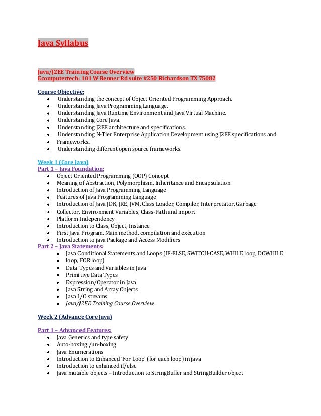 Java J2EE Complete Syllabus Checklist