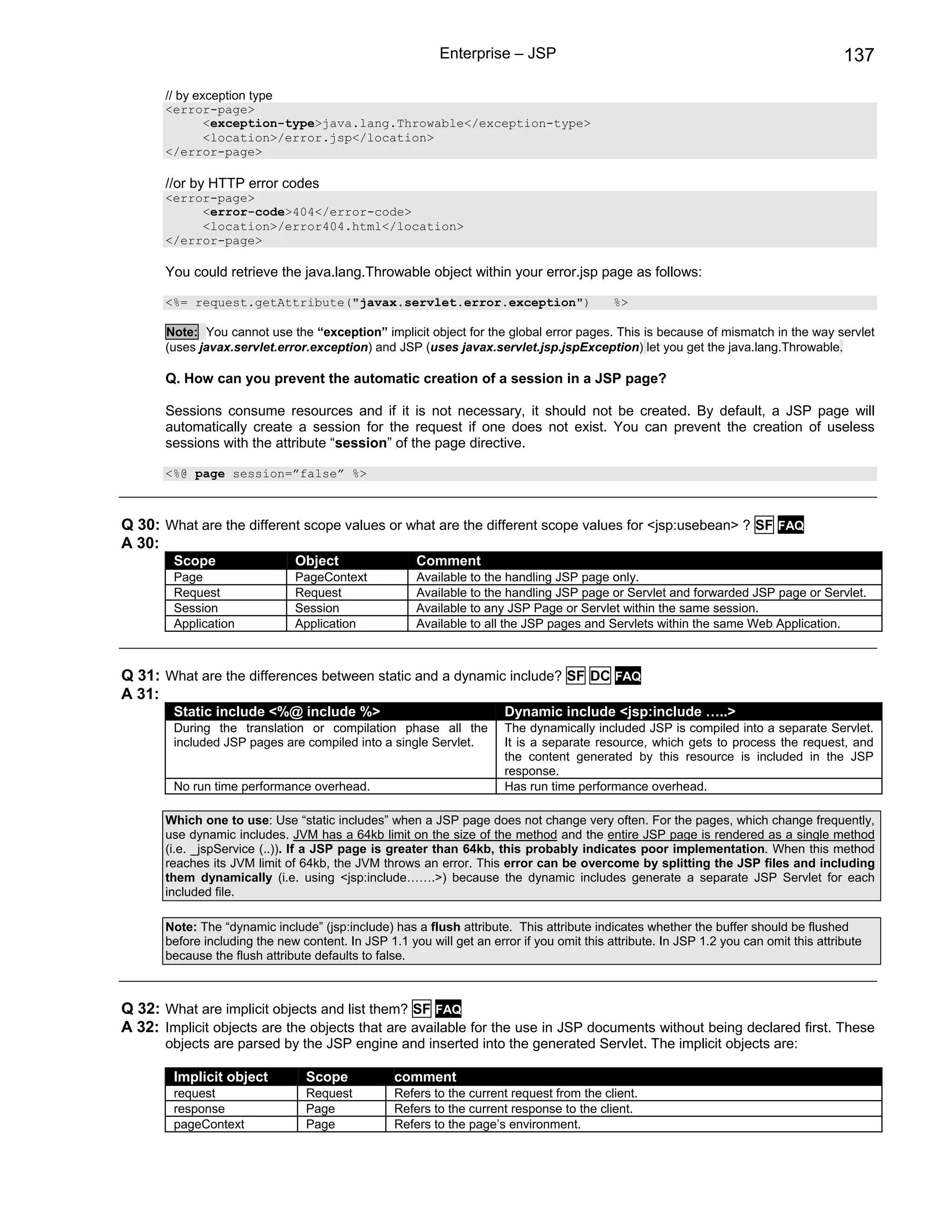 Enterprise – JSP                                                             137

       // by exception type
       <error-page>
               <exception-type>java.lang.Throwable</exception-type>
               <location>/error.jsp</location>
       </error-page>

       //or by HTTP error codes
       <error-page>
            <error-code>404</error-code>
            <location>/error404.html</location>
       </error-page>

       You could retrieve the java.lang.Throwable object within your error.jsp page as follows:

       <%= request.getAttribute("javax.servlet.error.exception")                            %>

       Note: You cannot use the “exception” implicit object for the global error pages. This is because of mismatch in the way servlet
       (uses javax.servlet.error.exception) and JSP (uses javax.servlet.jsp.jspException) let you get the java.lang.Throwable.

       Q. How can you prevent the automatic creation of a session in a JSP page?

       Sessions consume resources and if it is not necessary, it should not be created. By default, a JSP page will
       automatically create a session for the request if one does not exist. You can prevent the creation of useless
       sessions with the attribute “session” of the page directive.

       <%@ page session=”false” %>



Q 30: What are the different scope values or what are the different scope values for <jsp:usebean> ? SF FAQ
A 30:
        Scope                  Object                 Comment
        Page                   PageContext            Available to the handling JSP page only.
        Request                Request                Available to the handling JSP page or Servlet and forwarded JSP page or Servlet.
        Session                Session                Available to any JSP Page or Servlet within the same session.
        Application            Application            Available to all the JSP pages and Servlets within the same Web Application.



Q 31: What are the differences between static and a dynamic include? SF DC FAQ
A 31:
        Static include <%@ include %>                                  Dynamic include <jsp:include …..>
        During the translation or compilation phase all the            The dynamically included JSP is compiled into a separate Servlet.
        included JSP pages are compiled into a single Servlet.         It is a separate resource, which gets to process the request, and
                                                                       the content generated by this resource is included in the JSP
                                                                       response.
        No run time performance overhead.                              Has run time performance overhead.

       Which one to use: Use “static includes” when a JSP page does not change very often. For the pages, which change frequently,
       use dynamic includes. JVM has a 64kb limit on the size of the method and the entire JSP page is rendered as a single method
       (i.e. _jspService (..)). If a JSP page is greater than 64kb, this probably indicates poor implementation. When this method
       reaches its JVM limit of 64kb, the JVM throws an error. This error can be overcome by splitting the JSP files and including
       them dynamically (i.e. using <jsp:include…….>) because the dynamic includes generate a separate JSP Servlet for each
       included file.

       Note: The “dynamic include” (jsp:include) has a flush attribute. This attribute indicates whether the buffer should be flushed
       before including the new content. In JSP 1.1 you will get an error if you omit this attribute. In JSP 1.2 you can omit this attribute
       because the flush attribute defaults to false.



Q 32: What are implicit objects and list them? SF FAQ
A 32: Implicit objects are the objects that are available for the use in JSP documents without being declared first. These
       objects are parsed by the JSP engine and inserted into the generated Servlet. The implicit objects are:

        Implicit object          Scope            comment
        request                  Request          Refers to the current request from the client.
        response                 Page             Refers to the current response to the client.
        pageContext              Page             Refers to the page’s environment.
 