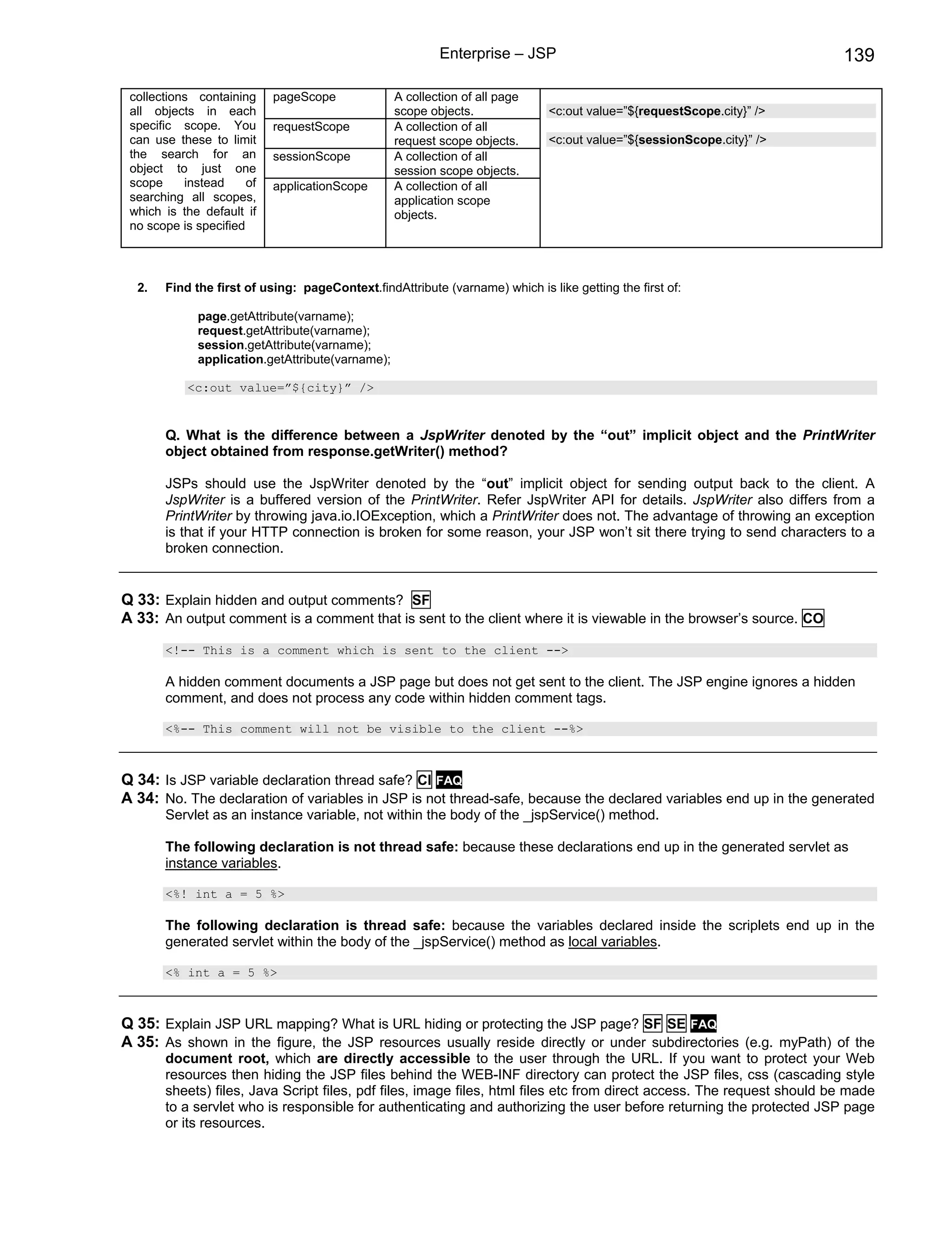 Enterprise – JSP                                              139

 collections containing     pageScope             A collection of all page
 all objects in each                              scope objects.              <c:out value=”${requestScope.city}” />
 specific scope. You        requestScope          A collection of all
 can use these to limit                           request scope objects.      <c:out value=”${sessionScope.city}” />
 the search for an          sessionScope          A collection of all
 object to just one                               session scope objects.
 scope     instead     of   applicationScope      A collection of all
 searching all scopes,                            application scope
 which is the default if                          objects.
 no scope is specified



  2.   Find the first of using: pageContext.findAttribute (varname) which is like getting the first of:

             page.getAttribute(varname);
             request.getAttribute(varname);
             session.getAttribute(varname);
             application.getAttribute(varname);

           <c:out value=”${city}” />


       Q. What is the difference between a JspWriter denoted by the “out” implicit object and the PrintWriter
       object obtained from response.getWriter() method?

       JSPs should use the JspWriter denoted by the “out” implicit object for sending output back to the client. A
       JspWriter is a buffered version of the PrintWriter. Refer JspWriter API for details. JspWriter also differs from a
       PrintWriter by throwing java.io.IOException, which a PrintWriter does not. The advantage of throwing an exception
       is that if your HTTP connection is broken for some reason, your JSP won’t sit there trying to send characters to a
       broken connection.


Q 33: Explain hidden and output comments? SF
A 33: An output comment is a comment that is sent to the client where it is viewable in the browser’s source. CO
       <!-- This is a comment which is sent to the client -->

       A hidden comment documents a JSP page but does not get sent to the client. The JSP engine ignores a hidden
       comment, and does not process any code within hidden comment tags.

       <%-- This comment will not be visible to the client --%>



Q 34: Is JSP variable declaration thread safe? CI FAQ
A 34: No. The declaration of variables in JSP is not thread-safe, because the declared variables end up in the generated
       Servlet as an instance variable, not within the body of the _jspService() method.

       The following declaration is not thread safe: because these declarations end up in the generated servlet as
       instance variables.

       <%! int a = 5 %>

       The following declaration is thread safe: because the variables declared inside the scriplets end up in the
       generated servlet within the body of the _jspService() method as local variables.

       <% int a = 5 %>



Q 35: Explain JSP URL mapping? What is URL hiding or protecting the JSP page? SF SE FAQ
A 35: As shown in the figure, the JSP resources usually reside directly or under subdirectories (e.g. myPath) of the
       document root, which are directly accessible to the user through the URL. If you want to protect your Web
       resources then hiding the JSP files behind the WEB-INF directory can protect the JSP files, css (cascading style
       sheets) files, Java Script files, pdf files, image files, html files etc from direct access. The request should be made
       to a servlet who is responsible for authenticating and authorizing the user before returning the protected JSP page
       or its resources.
 