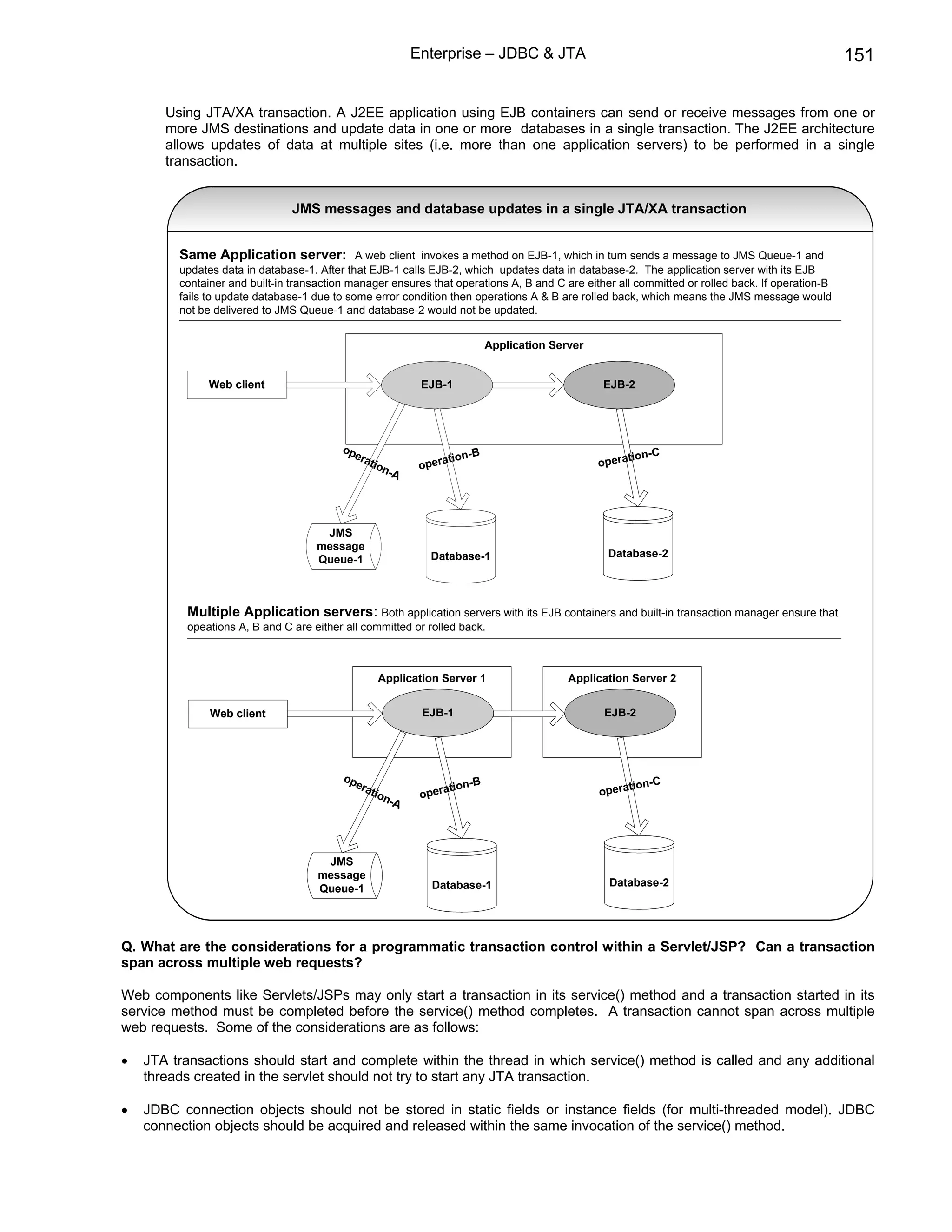Enterprise – JDBC & JTA                                                                  151

       Using JTA/XA transaction. A J2EE application using EJB containers can send or receive messages from one or
       more JMS destinations and update data in one or more databases in a single transaction. The J2EE architecture
       allows updates of data at multiple sites (i.e. more than one application servers) to be performed in a single
       transaction.


                               JMS messages and database updates in a single JTA/XA transaction


         Same Application server:            A web client invokes a method on EJB-1, which in turn sends a message to JMS Queue-1 and
         updates data in database-1. After that EJB-1 calls EJB-2, which updates data in database-2. The application server with its EJB
         container and built-in transaction manager ensures that operations A, B and C are either all committed or rolled back. If operation-B
         fails to update database-1 due to some error condition then operations A & B are rolled back, which means the JMS message would
         not be delivered to JMS Queue-1 and database-2 would not be updated.


                                                                        Application Server


               Web client                                 EJB-1                                EJB-2




                                          op
                                            era               tion-B                          opera
                                                                                                   tion-C
                                               tio
                                                  n-A    opera




                                      JMS
                                     message
                                                            Database-1                          Database-2
                                     Queue-1



          Multiple Application servers: Both application servers with its EJB containers and built-in transaction manager ensure that
          opeations A, B and C are either all committed or rolled back.



                                                 Application Server 1                   Application Server 2


               Web client                                 EJB-1                                EJB-2




                                          op
                                            era                tion-B                         opera
                                                                                                   tion-C
                                               tio
                                                  n-A     opera




                                      JMS
                                     message
                                                            Database-1                          Database-2
                                     Queue-1




Q. What are the considerations for a programmatic transaction control within a Servlet/JSP? Can a transaction
span across multiple web requests?

Web components like Servlets/JSPs may only start a transaction in its service() method and a transaction started in its
service method must be completed before the service() method completes. A transaction cannot span across multiple
web requests. Some of the considerations are as follows:

•   JTA transactions should start and complete within the thread in which service() method is called and any additional
    threads created in the servlet should not try to start any JTA transaction.

•   JDBC connection objects should not be stored in static fields or instance fields (for multi-threaded model). JDBC
    connection objects should be acquired and released within the same invocation of the service() method.
 