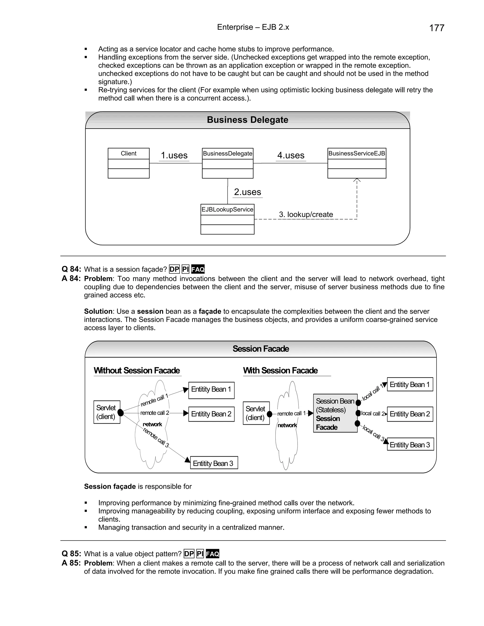 Enterprise – EJB 2.x                                                                177

           Acting as a service locator and cache home stubs to improve performance.
           Handling exceptions from the server side. (Unchecked exceptions get wrapped into the remote exception,
           checked exceptions can be thrown as an application exception or wrapped in the remote exception.
           unchecked exceptions do not have to be caught but can be caught and should not be used in the method
           signature.)
           Re-trying services for the client (For example when using optimistic locking business delegate will retry the
           method call when there is a concurrent access.).


                                                      Business Delegate


                     Client             1.uses       BusinessDelegate            4.uses             BusinessServiceEJB




                                                                   2.uses
                                                    EJBLookupService
                                                                                 3. lookup/create




Q 84: What is a session façade? DP PI FAQ
A 84: Problem: Too many method invocations between the client and the server will lead to network overhead, tight
       coupling due to dependencies between the client and the server, misuse of server business methods due to fine
       grained access etc.

       Solution: Use a session bean as a façade to encapsulate the complexities between the client and the server
       interactions. The Session Facade manages the business objects, and provides a uniform coarse-grained service
       access layer to clients.


                                                                   Session Facade

          Without Session Facade                                     With Session Facade
                                                                                                                                Entitity Bean 1
                                                 Entitity Bean 1                                                         ll 1
                                                                                                                       ca
                                       ll 1                                                                         al
                                  te ca                                                          Session Bean    loc
                              remo
          Servlet                                                     Servlet                    (Stateless)
                              remote call 2      Entitity Bean 2                 remote call 1                  local call 2    Entitity Bean 2
          (client)                                                    (client)                   Session
                               network                                           network
                               rem                                                               Facade         loc
                                                                                                                   al c
                                  ote                                                                                  all
                                      ca                                                                                   3
                                        ll 3
                                                                                                                                Entitity Bean 3

                                                 Entitity Bean 3


       Session façade is responsible for

           Improving performance by minimizing fine-grained method calls over the network.
           Improving manageability by reducing coupling, exposing uniform interface and exposing fewer methods to
           clients.
           Managing transaction and security in a centralized manner.


Q 85: What is a value object pattern? DP PI FAQ
A 85: Problem: When a client makes a remote call to the server, there will be a process of network call and serialization
       of data involved for the remote invocation. If you make fine grained calls there will be performance degradation.
 