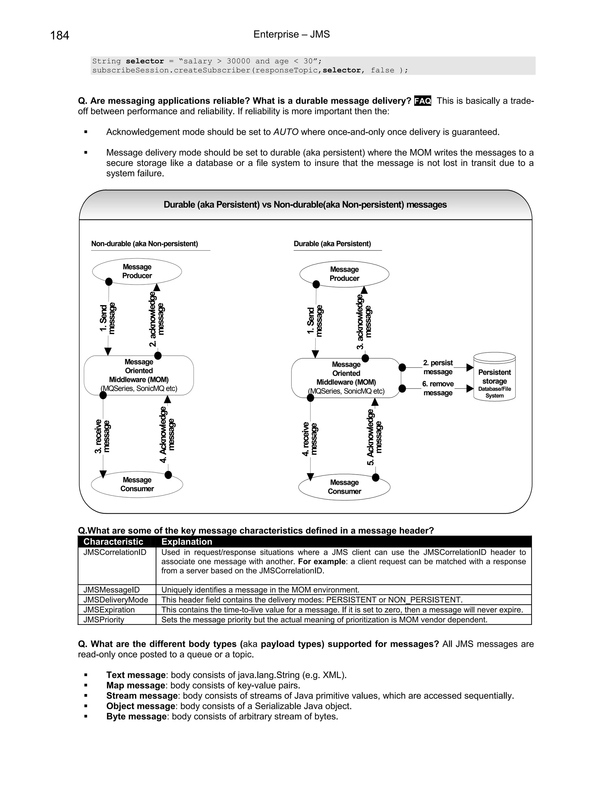 184                                                              Enterprise – JMS

         String selector = “salary > 30000 and age < 30”;
         subscribeSession.createSubscriber(responseTopic,selector, false );


      Q. Are messaging applications reliable? What is a durable message delivery? FAQ This is basically a trade-
      off between performance and reliability. If reliability is more important then the:

                Acknowledgement mode should be set to AUTO where once-and-only once delivery is guaranteed.

                Message delivery mode should be set to durable (aka persistent) where the MOM writes the messages to a
                secure storage like a database or a file system to insure that the message is not lost in transit due to a
                system failure.


                                        Durable (aka Persistent) vs Non-durable(aka Non-persistent) messages



         Non-durable (aka Non-persistent)                                    Durable (aka Persistent)


                      Message                                                               Message
                      Producer                                                              Producer
                            2. acknowledge




                                                                                                  3. acknowledge
           message




                                message
           1. Send




                                                                                 message




                                                                                                      message
                                                                                 1. Send




                   Message                                                               Message                           2. persist
                    Oriented                                                              Oriented                         message      Persistent
               Middleware (MOM)                                                      Middleware (MOM)                                    storage
                                                                                                                           6. remove
             (MQSeries, SonicMQ etc)                                               (MQSeries, SonicMQ etc)                              Database/File
                                                                                                                           message        System
                                    4. Acknowledge




                                                                                                          5. Acknowledge
                                        message
         3. receive
         message




                                                                                                              message
                                                                               4. receive
                                                                               message




                      Message                                                               Message
                      Consumer                                                              Consumer




      Q.What are some of the key message characteristics defined in a message header?
       Characteristic   Explanation
       JMSCorrelationID               Used in request/response situations where a JMS client can use the JMSCorrelationID header to
                                      associate one message with another. For example: a client request can be matched with a response
                                      from a server based on the JMSCorrelationID.

       JMSMessageID                   Uniquely identifies a message in the MOM environment.
       JMSDeliveryMode                This header field contains the delivery modes: PERSISTENT or NON_PERSISTENT.
       JMSExpiration                  This contains the time-to-live value for a message. If it is set to zero, then a message will never expire.
       JMSPriority                    Sets the message priority but the actual meaning of prioritization is MOM vendor dependent.


      Q. What are the different body types (aka payload types) supported for messages? All JMS messages are
      read-only once posted to a queue or a topic.

                Text message: body consists of java.lang.String (e.g. XML).
                Map message: body consists of key-value pairs.
                Stream message: body consists of streams of Java primitive values, which are accessed sequentially.
                Object message: body consists of a Serializable Java object.
                Byte message: body consists of arbitrary stream of bytes.
 