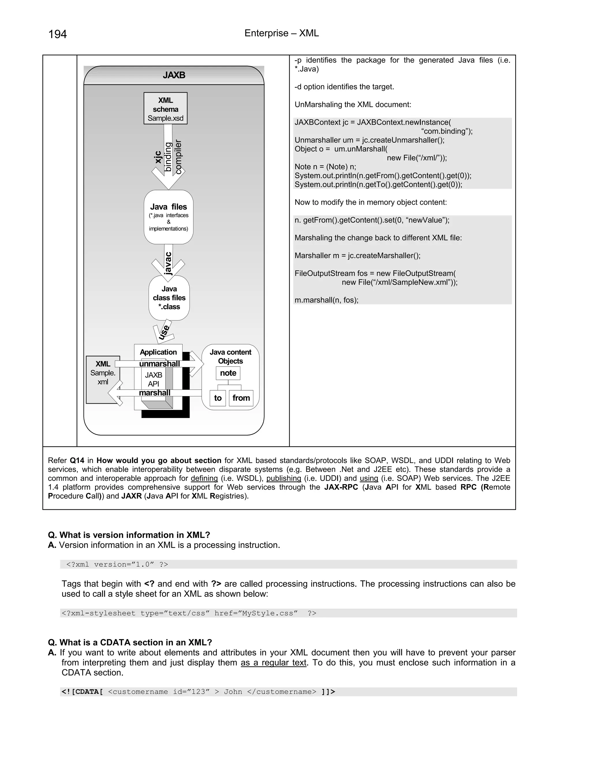 194                                                      Enterprise – XML

                                                                   -p identifies the package for the generated Java files (i.e.
                                                                   *.Java)
                                 JAXB
                                                                   -d option identifies the target.
                             XML
                                                                   UnMarshaling the XML document:
                            schema
                           Sample.xsd
                                                                   JAXBContext jc = JAXBContext.newInstance(
                                                                                                        “com.binding”);
                                                                   Unmarshaller um = jc.createUnmarshaller();




                            compiler
                             binding
                                                                   Object o = um.unMarshall(
                               xjc                                                            new File(“/xml/”));
                                                                   Note n = (Note) n;
                                                                   System.out.println(n.getFrom().getContent().get(0));
                                                                   System.out.println(n.getTo().getContent().get(0));

                                                                   Now to modify the in memory object content:
                            Java files
                           (*.java interfaces
                                    &                              n. getFrom().getContent().set(0, “newValue”);
                           implementations)
                                                                   Marshaling the change back to different XML file:

                                                                   Marshaller m = jc.createMarshaller();
                                 javac




                                                                   FileOutputStream fos = new FileOutputStream(
                                                                                new File(“/xml/SampleNew.xml”));
                               Java
                            class files                            m.marshall(n, fos);
                              *.class
                               e
                             us




                         Application            Java content
            XML          unmarshall               Objects
           Sample.        JAXB                    note
             xml           API
                        marshall
                                                 to   from




Refer Q14 in How would you go about section for XML based standards/protocols like SOAP, WSDL, and UDDI relating to Web
services, which enable interoperability between disparate systems (e.g. Between .Net and J2EE etc). These standards provide a
common and interoperable approach for defining (i.e. WSDL), publishing (i.e. UDDI) and using (i.e. SOAP) Web services. The J2EE
1.4 platform provides comprehensive support for Web services through the JAX-RPC (Java API for XML based RPC (Remote
Procedure Call)) and JAXR (Java API for XML Registries).




Q. What is version information in XML?
A. Version information in an XML is a processing instruction.

     <?xml version=”1.0” ?>

   Tags that begin with <? and end with ?> are called processing instructions. The processing instructions can also be
   used to call a style sheet for an XML as shown below:

   <?xml-stylesheet type=”text/css” href=”MyStyle.css”                 ?>


Q. What is a CDATA section in an XML?
A. If you want to write about elements and attributes in your XML document then you will have to prevent your parser
    from interpreting them and just display them as a regular text. To do this, you must enclose such information in a
    CDATA section.

   <![CDATA[ <customername id=”123” > John </customername> ]]>
 