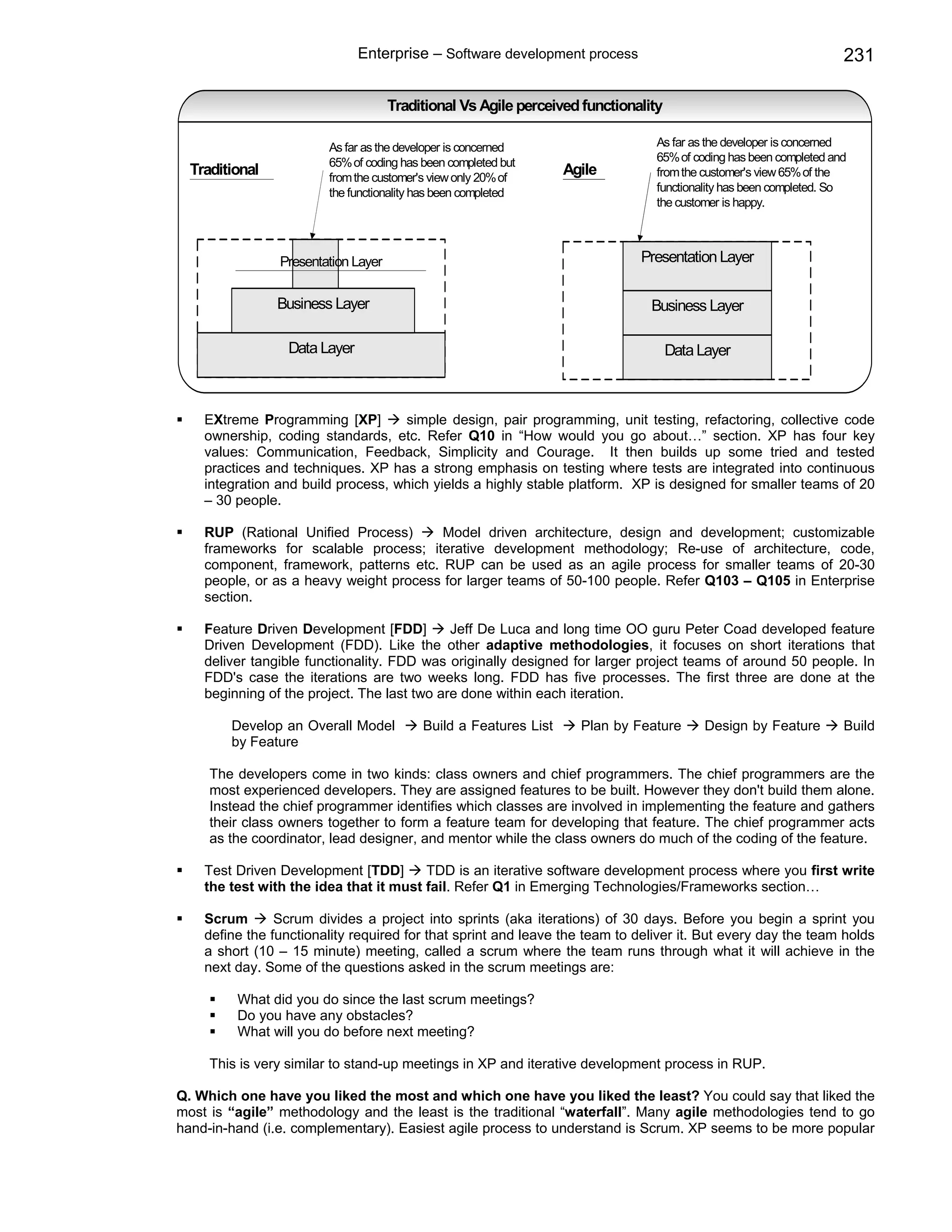Enterprise – Software development process                                          231

                                     Traditional Vs Agile perceived functionality

                        As far as the developer is concerned                   As far as the developer is concerned
                        65% of coding has been completed but                   65% of coding has been completed and
  Traditional           from the customer's view only 20% of
                                                                  Agile        from the customer's view 65% of the
                        the functionality has been completed                   functionality has been completed. So
                                                                               the customer is happy.



                Presentation Layer                                           Presentation Layer

                Business Layer                                                 Business Layer

                  Data Layer                                                        Data Layer



    EXtreme Programming [XP]        simple design, pair programming, unit testing, refactoring, collective code
    ownership, coding standards, etc. Refer Q10 in “How would you go about…” section. XP has four key
    values: Communication, Feedback, Simplicity and Courage. It then builds up some tried and tested
    practices and techniques. XP has a strong emphasis on testing where tests are integrated into continuous
    integration and build process, which yields a highly stable platform. XP is designed for smaller teams of 20
    – 30 people.

    RUP (Rational Unified Process)      Model driven architecture, design and development; customizable
    frameworks for scalable process; iterative development methodology; Re-use of architecture, code,
    component, framework, patterns etc. RUP can be used as an agile process for smaller teams of 20-30
    people, or as a heavy weight process for larger teams of 50-100 people. Refer Q103 – Q105 in Enterprise
    section.

    Feature Driven Development [FDD]         Jeff De Luca and long time OO guru Peter Coad developed feature
    Driven Development (FDD). Like the other adaptive methodologies, it focuses on short iterations that
    deliver tangible functionality. FDD was originally designed for larger project teams of around 50 people. In
    FDD's case the iterations are two weeks long. FDD has five processes. The first three are done at the
    beginning of the project. The last two are done within each iteration.

        Develop an Overall Model          Build a Features List     Plan by Feature       Design by Feature       Build
        by Feature

     The developers come in two kinds: class owners and chief programmers. The chief programmers are the
     most experienced developers. They are assigned features to be built. However they don't build them alone.
     Instead the chief programmer identifies which classes are involved in implementing the feature and gathers
     their class owners together to form a feature team for developing that feature. The chief programmer acts
     as the coordinator, lead designer, and mentor while the class owners do much of the coding of the feature.

    Test Driven Development [TDD]       TDD is an iterative software development process where you first write
    the test with the idea that it must fail. Refer Q1 in Emerging Technologies/Frameworks section…

    Scrum       Scrum divides a project into sprints (aka iterations) of 30 days. Before you begin a sprint you
    define the functionality required for that sprint and leave