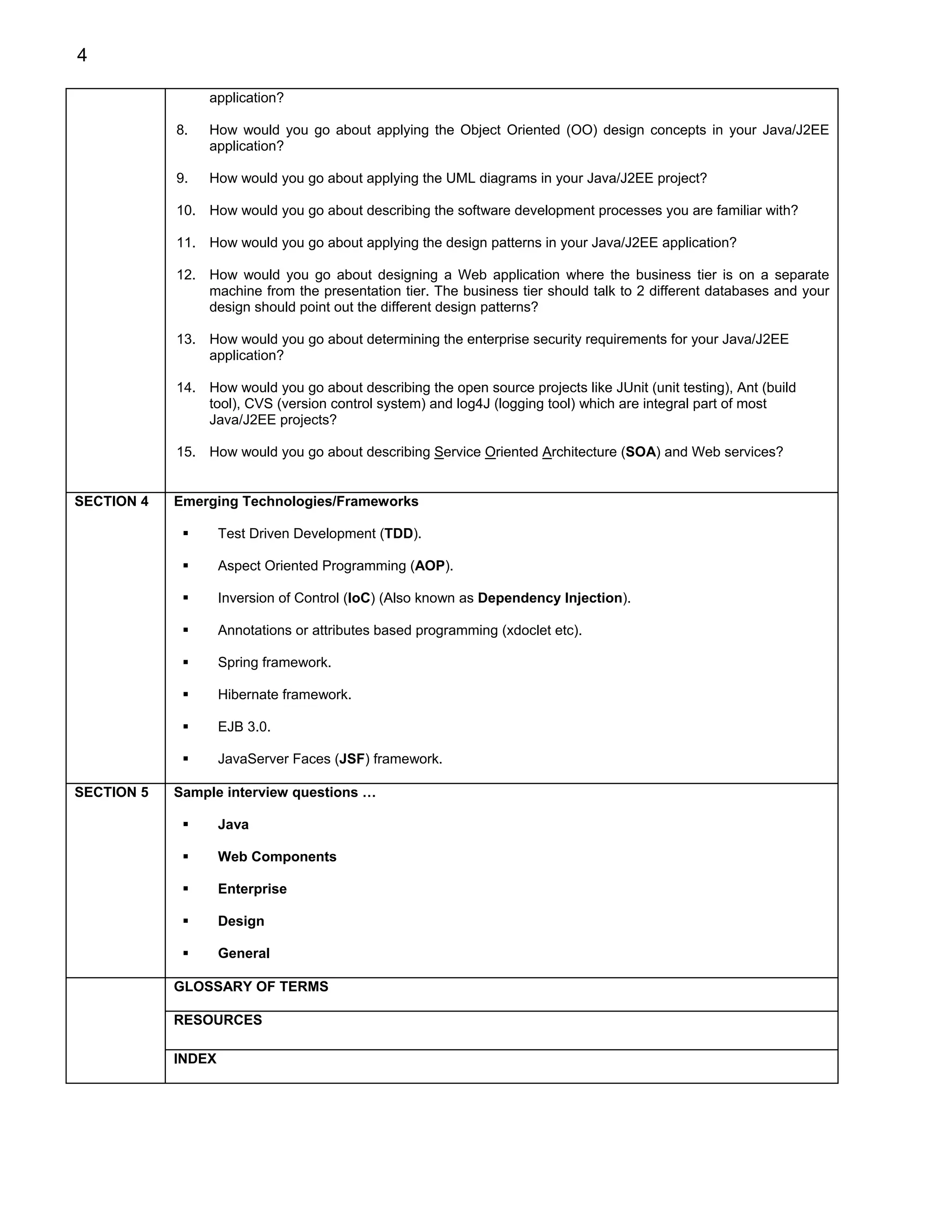 4

                 application?

            8.   How would you go about applying the Object Oriented (OO) design concepts in your Java/J2EE
                 application?

            9.   How would you go about applying the UML diagrams in your Java/J2EE project?

            10. How would you go about describing the software development processes you are familiar with?

            11. How would you go about applying the design patterns in your Java/J2EE application?

            12. How would you go about designing a Web application where the business tier is on a separate
                machine from the presentation tier. The business tier should talk to 2 different databases and your
                design should point out the different design patterns?

            13. How would you go about determining the enterprise security requirements for your Java/J2EE
                application?

            14. How would you go about describing the open source projects like JUnit (unit testing), Ant (build
                tool), CVS (version control system) and log4J (logging tool) which are integral part of most
                Java/J2EE projects?

            15. How would you go about describing Service Oriented Architecture (SOA) and Web services?


SECTION 4   Emerging Technologies/Frameworks

                    Test Driven Development (TDD).

                    Aspect Oriented Programming (AOP).

                    Inversion of Control (IoC) (Also known as Dependency Injection).

                    Annotations or attributes based programming (xdoclet etc).

                    Spring framework.

                    Hibernate framework.

                    EJB 3.0.

                    JavaServer Faces (JSF) framework.

SECTION 5   Sample interview questions …

                    Java

                    Web Components

                    Enterprise

                    Design

                    General

            GLOSSARY OF TERMS

            RESOURCES

            INDEX
 