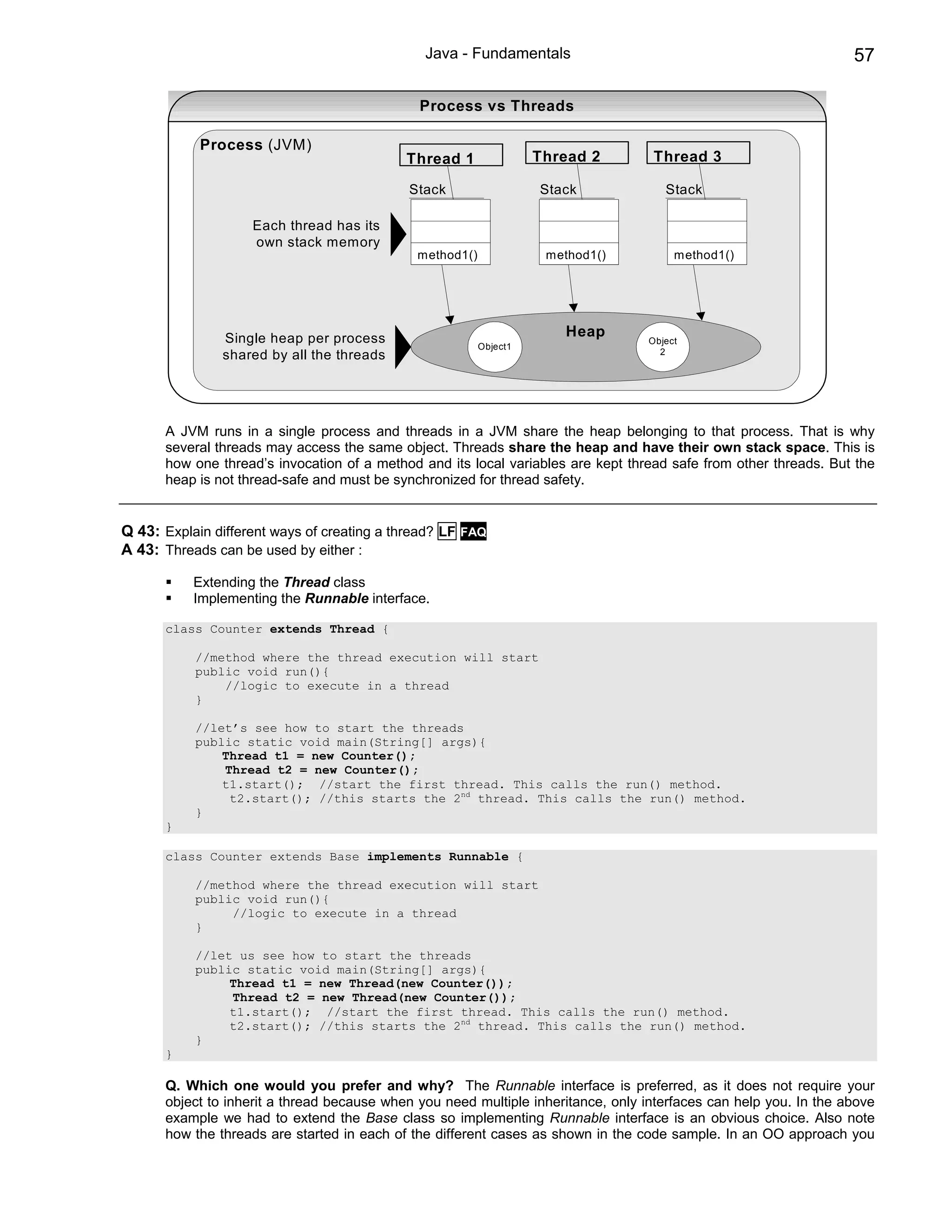 Java - Fundamentals                                                57

                                               Process vs Threads

            Process (JVM)
                                             Thread 1               Thread 2       Thread 3

                                             Stack                  Stack            Stack

                    Each thread has its
                    own stack memory
                                              method1()              method1()         method1()




                Single heap per process                                Heap
                                                                                  Object
                                                          Object1
                shared by all the threads                                           2




      A JVM runs in a single process and threads in a JVM share the heap belonging to that process. That is why
      several threads may access the same object. Threads share the heap and have their own stack space. This is
      how one thread’s invocation of a method and its local variables are kept thread safe from other threads. But the
      heap is not thread-safe and must be synchronized for thread safety.


Q 43: Explain different ways of creating a thread? LF   FAQ
A 43: Threads can be used by either :

           Extending the Thread class
           Implementing the Runnable interface.

      class Counter extends Thread {

           //method where the thread execution will start
           public void run(){
               //logic to execute in a thread
           }

           //let’s see how to start the threads
           public static void main(String[] args){
               Thread t1 = new Counter();
               Thread t2 = new Counter();
               t1.start(); //start the first thread. This calls the run() method.
                t2.start(); //this starts the 2nd thread. This calls the run() method.
           }
      }

      class Counter extends Base implements Runnable {

           //method where the thread execution will start
           public void run(){
                //logic to execute in a thread
           }

           //let us see how to start the threads
           public static void main(String[] args){
                Thread t1 = new Thread(new Counter());
                Thread t2 = new Thread(new Counter());
                t1.start(); //start the first thread. This calls the run() method.
                t2.start(); //this starts the 2nd thread. This calls the run() method.
           }
      }

      Q. Which one would you prefer and why? The Runnable interface is preferred, as it does not require your
      object to inherit a thread because when you need multiple inheritance, only interfaces can help you. In the above
      example we had to extend the Base class so implementing Runnable interface is an obvious choice. Also note
      how the threads are started in each of the different cases as shown in the code sample. In an OO approach you
 