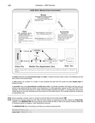 100                                                  Enterprise – J2EE Overview


                                          J2E E M V C (M odel-V iew -C ontroller)

                                                                    M odel
                                                  (E ntity/Sessio n B ean s (EJB ),
                                                        P lain Java C lasses )
                                                  Encapsulates business logic and
                                                  application state.




                                          y
                                       pla




                                                                                                  st
                                    dis




                                                                                                    ate
                                      o




                                                                                                        ch
                                  ta t




                                                                                                          an
                                Da




                                                                                                            ge
                            get




                        V iew                                                                          C ontroller
              (JSP , JavaB ean s, S w in g,           U ser A ction(eg: subm itting a
                                                       form , clicking a button etc)                     (Servlet etc)
                 C u sto m T ag s, etc )                                                           controls application behavior
                R enders the m odel & has                                                          M aps user actions to m odel.
                only display logic.                                                                selects view for response.
                Sends user actions to the           View selection ( eg: selecting the next        usually one for each
                controller                             JSP page to display as a response )         functionality.
                Allow s controller to select a
                view .




                                                 C on tro ller
                         1. R equ est
                                                    Servlet              2.
                                                                            in
                                                                              st
             Browser




                                                                                an
                                                 4 .f o rw a                      tia
                                                               rd                    te
                                                                                       s

                                                  V iew                                M o del
                                                                                                  3. rea d/u pda te
                        6. R espo nse                                5       E JB or Plain Java         data          database
                                                   JSP
                                                                                    class


          C lient Tier                    M iddle Tier (A pplication Tier)                                       D ata Tier

           N ote: Typical M V C architecture is show n above. V ariations are possible (e.g.: M odel 1 vs. M odel 2
           M V C)


      A model represents the core business logic and state. A model commonly maps to data in the database and will
      also contain core business logic.

      A view renders the contents of a model. A view accesses the data from the model and adds display logic to
      present the data.

      A controller acts as the glue between a model and a view. A controller translates interactions with the view into
      actions to be performed by the model. User interactions in a Web application appear as GET and POST HTTP
      requests. The actions performed by a model include activating business processes or changing the state of the
      model. Based on the user interactions and the outcome of the model actions, the controller responds by selecting
      an appropriate view.


Q 04: How to package a module, which is, shared by both the Web and the EJB modules? SF
A 04: Package the modules shared by both Web and EJB modules as dependency jar files. Define the Class-Path:
      property in the MANIFEST.MF file in the EJB jar and the Web war files to refer to the shared modules. [Refer Q7
      in Enterprise section for diagram: J2EE deployment structure].

      The MANIFEST.MF files in the EJB jar and Web war modules should look like:

      Manifest-Version: 1.0
      Created-By: Apache Ant 1.5
      Class-Path: myAppsUtil.jar
 