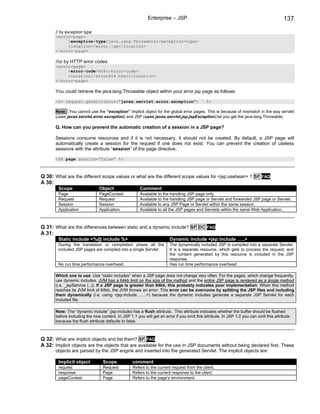 Enterprise – JSP                                                             137

       // by exception type
       <error-page>
               <exception-type>java.lang.Throwable</exception-type>
               <location>/error.jsp</location>
       </error-page>

       //or by HTTP error codes
       <error-page>
            <error-code>404</error-code>
            <location>/error404.html</location>
       </error-page>

       You could retrieve the java.lang.Throwable object within your error.jsp page as follows:

       <%= request.getAttribute("javax.servlet.error.exception")                            %>

       Note: You cannot use the “exception” implicit object for the global error pages. This is because of mismatch in the way servlet
       (uses javax.servlet.error.exception) and JSP (uses javax.servlet.jsp.jspException) let you get the java.lang.Throwable.

       Q. How can you prevent the automatic creation of a session in a JSP page?

       Sessions consume resources and if it is not necessary, it should not be created. By default, a JSP page will
       automatically create a session for the request if one does not exist. You can prevent the creation of useless
       sessions with the attribute “session” of the page directive.

       <%@ page session=”false” %>



Q 30: What are the different scope values or what are the different scope values for <jsp:usebean> ? SF FAQ
A 30:
        Scope                  Object                 Comment
        Page                   PageContext            Available to the handling JSP page only.
        Request                Request                Available to the handling JSP page or Servlet and forwarded JSP page or Servlet.
        Session                Session                Available to any JSP Page or Servlet within the same session.
        Application            Application            Available to all the JSP pages and Servlets within the same Web Application.



Q 31: What are the differences between static and a dynamic include? SF DC FAQ
A 31:
        Static include <%@ include %>                                  Dynamic include <jsp:include …..>
        During the translation or compilation phase all the            The dynamically included JSP is compiled into a separate Servlet.
        included JSP pages are compiled into a single Servlet.         It is a separate resource, which gets to process the request, and
                                                                       the content generated by this resource is included in the JSP
                                                                       response.
        No run time performance overhead.                              Has run time performance overhead.

       Which one to use: Use “static includes” when a JSP page does not change very often. For the pages, which change frequently,
       use dynamic includes. JVM has a 64kb limit on the size of the method and the entire JSP page is rendered as a single method
       (i.e. _jspService (..)). If a JSP page is greater than 64kb, this probably indicates poor implementation. When this method
       reaches its JVM limit of 64kb, the JVM throws an error. This error can be overcome by splitting the JSP files and including
       them dynamically (i.e. using <jsp:include…….>) because the dynamic includes generate a separate JSP Servlet for each
       included file.

       Note: The “dynamic include” (jsp:include) has a flush attribute. This attribute indicates whether the buffer should be flushed
       before including the new content. In JSP 1.1 you will get an error if you omit this attribute. In JSP 1.2 you can omit this attribute
       because the flush attribute defaults to false.



Q 32: What are implicit objects and list them? SF FAQ
A 32: Implicit objects are the objects that are available for the use in JSP documents without being declared first. These
       objects are parsed by the JSP engine and inserted into the generated Servlet. The implicit objects are:

        Implicit object          Scope            comment
        request                  Request          Refers to the current request from the client.
        response                 Page             Refers to the current response to the client.
        pageContext              Page             Refers to the page’s environment.
 