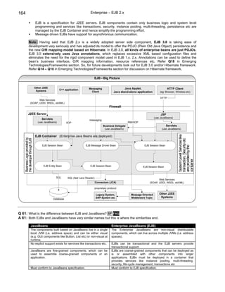 164                                                                            Enterprise – EJB 2.x

                                 EJB is a specification for J2EE servers. EJB components contain only business logic and system level
                                 programming and services like transactions, security, instance pooling, multi-threading, persistence etc are
                                 managed by the EJB Container and hence simplify the programming effort.
                                 Message driven EJBs have support for asynchronous communication.

                 Note: Having said that EJB 2.x is a widely adopted server side component, EJB 3.0 is taking ease of
                 development very seriously and has adjusted its model to offer the POJO (Plain Old Java Object) persistence and
                 the new O/R mapping model based on Hibernate. In EJB 3.0, all kinds of enterprise beans are just POJOs.
                 EJB 3.0 extensively uses Java annotations, which replaces excessive XML based configuration files and
                 eliminates the need for the rigid component model used in EJB 1.x, 2.x. Annotations can be used to define the
                 bean’s business interface, O/R mapping information, resource references etc. Refer Q18 in Emerging
                 Technologies/Frameworks section. So, for future developments look out for EJB 3.0 and/or Hibernate framework.
                 Refer Q14 – Q16 in Emerging Technologies/Frameworks section for discussion on Hibernate framework.

                                                                                  EJB - Big Picture

                                 Other J2EE                                   Messaging                        Java Applet,                       HTTP Client
                                  Systems            C++ application
                                                                                Client                 Java stand-alone application       (eg: Browser, Wireless etc)

                                                                                                                                           HTTP
                              Web Services
                       (SOAP, UDDI, WSDL, ebXML)
                                                                                                   Firewall

               J2EE Server                                                                                                                 JSP
                                                                                                                                      (use JavaBeans)
                                      Servlets                                messaging
                                   (use JavaBeans)          IIOP                                                 RMI/IIOP
                                                                                             Business Delegate                                  Servlets
                                                                                              (use JavaBeans)                               (use JavaBeans)




                                                                                                                                                           System Level Services like
                                 EJB Container (Enterprise Java Beans are deployed)
    Business Logic provided by
    the developer through EJB




                                                                                                                                                           transaction, Security etc
                                      EJB Session Bean                     EJB Message Driven Bean                           EJB Session Bean




                                                                                                                                                           are provided by the
                                                                                                                                                           container
                                       EJB Entity Bean                         EJB Session Bean                             EJB Session Bean



                                                   SQL       SQL (fast Lane Reader)
                                                                                                                                        Web Services
                                                                                      Connectors (JCA)                           (SOAP, UDDI, WSDL, ebXML)

                                                                                      proprietary protocol

                                                                                       Legacy System,              Message Oriented       Other J2EE
                                                                                       ERP System etc              Middleware Topic        Systems
                                                 Database




Q 61: What is the difference between EJB and JavaBeans? SF FAQ
A 61: Both EJBs and JavaBeans have very similar names but this is where the similarities end.

                         JavaBeans                                                                   Enterprise JavaBeans (EJB)
                         The components built based on JavaBeans live in a single                    The Enterprise JavaBeans are non-visual distributable
                         local JVM (i.e. address space) and can be either visual                     components, which can live across multiple JVMs (i.e. address
                         (e.g. GUI components like Button, List etc) or non-visual at                spaces).
                         runtime.
                         No explicit support exists for services like transactions etc.              EJBs can be transactional and the EJB servers provide
                                                                                                     transactional support.
                         JavaBeans are fine-grained components, which can be                         EJBs are coarse-grained components that can be deployed as
                         used to assemble coarse-grained components or an                            is or assembled with other components into larger
                         application.                                                                applications. EJBs must be deployed in a container that
                                                                                                     provides services like instance pooling, multi-threading,
                                                                                                     security, life-cycle management, transactions etc
                         Must conform to JavaBeans specification.                                    Must conform to EJB specification.
 