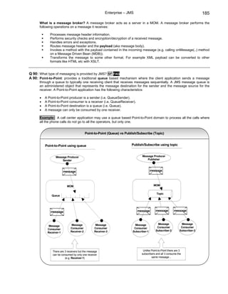 Enterprise – JMS                                                    185

      What is a message broker? A message broker acts as a server in a MOM. A message broker performs the
      following operations on a message it receives:

             Processes message header information.
             Performs security checks and encryption/decryption of a received message.
             Handles errors and exceptions.
             Routes message header and the payload (aka message body).
             Invokes a method with the payload contained in the incoming message (e.g. calling onMessage(..) method
             on a Message Driven Bean (MDB)).
             Transforms the message to some other format. For example XML payload can be converted to other
             formats like HTML etc with XSLT.


Q 90: What type of messaging is provided by JMS? SF FAQ
A 90: Point-to-Point: provides a traditional queue based mechanism where the client application sends a message
      through a queue to typically one receiving client that receives messages sequentially. A JMS message queue is
      an administered object that represents the message destination for the sender and the message source for the
      receiver. A Point-to-Point application has the following characteristics:

      •   A Point-to-Point producer is a sender (i.e. QueueSender).
      •   A Point-to-Point consumer is a receiver (i.e. QueueReceiver).
      •   A Point-to-Point destination is a queue (i.e. Queue).
      •   A message can only be consumed by one receiver.

      Example: A call center application may use a queue based Point-to-Point domain to process all the calls where
      all the phone calls do not go to all the operators, but only one.


                                          Point-to-Point (Queue) vs Publish/Subscribe (Topic)


          Point-to-Point using queue                                    Publish/Subscribe using topic


                 Message Producer                                              Message Producer
                     Sender                                                       Publisher



                        message                                                        message




                           MOM                                                           MOM


                                                                                          Topic
              Queue




             message                                                        message       message        message



                              Message             Message                Message           Message             Message
            Message                                                                        Consumer            Consumer
           Consumer          Consumer            Consumer                Consumer
                             Receiver-2          Receiver-3             Subscriber-1      Subscriber-2        Subscriber-3
           Receiver-1




               There are 3 receivers but the message                           Unlike Point-to-Point there are 3
               can be consumed by only one receiver                           subscribers and all 3 consume the
                         (e.g. Receiver-1)                                            same message...
 