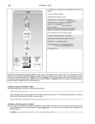 194                                                      Enterprise – XML

                                                                   -p identifies the package for the generated Java files (i.e.
                                                                   *.Java)
                                 JAXB
                                                                   -d option identifies the target.
                             XML
                                                                   UnMarshaling the XML document:
                            schema
                           Sample.xsd
                                                                   JAXBContext jc = JAXBContext.newInstance(
                                                                                                        “com.binding”);
                                                                   Unmarshaller um = jc.createUnmarshaller();




                            compiler
                             binding
                                                                   Object o = um.unMarshall(
                               xjc                                                            new File(“/xml/”));
                                                                   Note n = (Note) n;
                                                                   System.out.println(n.getFrom().getContent().get(0));
                                                                   System.out.println(n.getTo().getContent().get(0));

                                                                   Now to modify the in memory object content:
                            Java files
                           (*.java interfaces
                                    &                              n. getFrom().getContent().set(0, “newValue”);
                           implementations)
                                                                   Marshaling the change back to different XML file:

                                                                   Marshaller m = jc.createMarshaller();
                                 javac




                                                                   FileOutputStream fos = new FileOutputStream(
                                                                                new File(“/xml/SampleNew.xml”));
                               Java
                            class files                            m.marshall(n, fos);
                              *.class
                               e
                             us




                         Application            Java content
            XML          unmarshall               Objects
           Sample.        JAXB                    note
             xml           API
                        marshall
                                                 to   from




Refer Q14 in How would you go about section for XML based standards/protocols like SOAP, WSDL, and UDDI relating to Web
services, which enable interoperability between disparate systems (e.g. Between .Net and J2EE etc). These standards provide a
common and interoperable approach for defining (i.e. WSDL), publishing (i.e. UDDI) and using (i.e. SOAP) Web services. The J2EE
1.4 platform provides comprehensive support for Web services through the JAX-RPC (Java API for XML based RPC (Remote
Procedure Call)) and JAXR (Java API for XML Registries).




Q. What is version information in XML?
A. Version information in an XML is a processing instruction.

     <?xml version=”1.0” ?>

   Tags that begin with <? and end with ?> are called processing instructions. The processing instructions can also be
   used to call a style sheet for an XML as shown below:

   <?xml-stylesheet type=”text/css” href=”MyStyle.css”                 ?>


Q. What is a CDATA section in an XML?
A. If you want to write about elements and attributes in your XML document then you will have to prevent your parser
    from interpreting them and just display them as a regular text. To do this, you must enclose such information in a
    CDATA section.

   <![CDATA[ <customername id=”123” > John </customername> ]]>
 