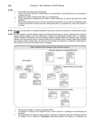 200                                      Enterprise – SQL, Database, and O/R mapping

A 100:
                Denormalize your tables where appropriate.
                Proper use of index columns: An index based on numeric fields is more efficient than an index based on
                character columns.
                Reduce the number of columns that make up a composite key.
                Proper partitioning of tablespaces and create a special tablespace for special data types like CLOB,
                BLOB etc.
                Data access performance can be tuned by using stored procedures to crunch data in the database server
                to reduce the network overhead and also caching data within your application to reduce the number of
                accesses.


Q 101: How will you map objects to a relational database? How will you map class inheritance to relational data model?
         DC FAQ
A 101: Due to impedance mismatch between object and relational technology you need to understand the process of
         mapping classes (objects) and their relationships to tables and relationships between them in a database.
         Classes represent both behavior and data whereas relational database tables just implement data. Database
         schemas have keys (primary keys to uniquely identify rows and foreign keys to maintain relationships between
         rows) whereas object schema does not have keys and instead use references to implement relationships to
         other objects. Let us look at some basic points on mapping:


                                         Object to Relational (O/R) mapping of class inheritance structure

                                                                         Map class hierarchy to a single database table

                                                                      Employee                                        Employee
                                                                   -EmployeeId (PK)                             -EmployeeId (PK)
                                                                   -EmployeeType                                -IsPermanent
                                                                   -Name                                        -IsContractor
                                                                   -Salary                   Refactored         -IsSubContractor
                                                                   -Rate                                        -Name
                         Class diagram                             -Period                                      -Salary
                                                                                                                -Rate
                                                                                                                -Period


                                   Employee
             Address                                                                     Employee         Map each class to its own table
                             *1   -name
           -streetname            -address                                            -EmployeeId (PK)
                                                                                      -Name
                                  +getName()



                    Permanent                    Contractor              Permanent                   Contractor
                   -salary                      -rate                 -EmployeeId (PK)            -EmployeeId (PK)
                   +getSalary()                 +getRate()            -Salary                     -Contract



                                               SubContractor
                                                                                                    SubContractor
                                               -period
                                               +calculateTotal()                                  -EmployeeId (PK)
                                                                                                  -Period




                                                                        Map each concrete class to its own table

                                                                           Permanent                     Contractor

                                                                         -EmployeeId (PK)            -EmployeeId (PK)
                                                                         -Name                       -Name
                                                                         -Salary                     -Contract




                                                                                                     SubContractor
                                                                                                     -EmployeeId (PK)
                                                                                                     -Name
                                                                                                     -Period




                Classes map to tables in a way but not always directly.
                An attribute of a class can be mapped to zero or more columns in a database. Not all attributes are
                persistent.
                Some attributes of an object are objects itself. For example an Employee object has an Address object as
                an attribute. This is basically an association relationship between two objects (i.e. Employee and
 