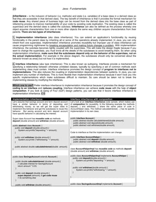 20                                                      Java - Fundamentals

Inheritance – is the inclusion of behavior (i.e. methods) and state (i.e. variables) of a base class in a derived class so
that they are accessible in that derived class. The key benefit of Inheritance is that it provides the formal mechanism for
code reuse. Any shared piece of business logic can be moved from the derived class into the base class as part of
refactoring process to improve maintainability of your code by avoiding code duplication. The existing class is called the
superclass and the derived class is called the subclass. Inheritance can also be defined as the process whereby one
object acquires characteristics from one or more other objects the same way children acquire characteristics from their
parents. There are two types of inheritances:

1. Implementation inheritance (aka class inheritance): You can extend an application’s functionality by reusing
functionality in the parent class by inheriting all or some of the operations already implemented. In Java, you can only
inherit from one superclass. Implementation inheritance promotes reusability but improper use of class inheritance can
cause programming nightmares by breaking encapsulation and making future changes a problem. With implementation
inheritance, the subclass becomes tightly coupled with the superclass. This will make the design fragile because if you
want to change the superclass, you must know all the details of the subclasses to avoid breaking them. So when using
implementation inheritance, make sure that the subclasses depend only on the behavior of the superclass, not on
the actual implementation. For example in the above diagram, the subclasses should only be concerned about the
behavior known as area() but not how it is implemented.

2. Interface inheritance (aka type inheritance): This is also known as subtyping. Interfaces provide a mechanism for
specifying a relationship between otherwise unrelated classes, typically by specifying a set of common methods each
implementing class must contain. Interface inheritance promotes the design concept of program to interfaces not to
implementations. This also reduces the coupling or implementation dependencies between systems. In Java, you can
implement any number of interfaces. This is more flexible than implementation inheritance because it won’t lock you into
specific implementations which make subclasses difficult to maintain. So care should be taken not to break the
implementing classes by modifying the interfaces.

Which one to use? Prefer interface inheritance to implementation inheritance because it promotes the design concept of
coding to an interface and reduces coupling. Interface inheritance can achieve code reuse with the help of object
composition. If you look at Gang of Four (GoF) design patterns, you can see that it favors interface inheritance to
implementation inheritance. CO

Implementation inheritance                                     Interface inheritance with composition
Let’s assume that savings account and term deposit account     Let’s look at an interface inheritance code sample, which makes use
have a similar behavior in terms of depositing and             of composition for reusability. In the following example the methods
withdrawing money, so we will get the super class to           deposit(…) and withdraw(…) share the same piece of code in
implement this behavior and get the subclasses to reuse this   AccountHelper class. The method calculateInterest(…) has its specific
behavior. But saving account and term deposit account          implementation in its own class.
have specific behavior in calculating the interest.

Super class Account has reusable code as methods               public interface Account {
deposit (double amount) and withdraw (double amount).            public abstract double calculateInterest(double amount);
                                                                 public abstract void deposit(double amount);
public abstract class Account {                                  public abstract void withdraw(double amount);
  public void deposit (double amount) {                        }
       System.out.println("depositing " + amount);
  }                                                            Code to interface so that the implementation can change.

    public void withdraw (double amount) {                     public interface AccountHelper {
       System.out.println ("withdrawing " + amount);             public abstract void deposit (double amount);
    }                                                            public abstract void withdraw (double amount);
                                                               }
    public abstract double calculateInterest(double amount);
}                                                              class AccountHelperImpl has reusable code as methods deposit
                                                               (double amount) and withdraw (double amount).

public class SavingsAccount extends Account {                  public class AccountHelperImpl implements AccountHelper {
                                                                 public void deposit(double amount) {
    public double calculateInterest (double amount) {                 System.out.println("depositing " + amount);
      // calculate interest for SavingsAccount                   }
      return amount * 0.03;
    }                                                              public void withdraw(double amount) {
                                                                      System.out.println("withdrawing " + amount);
    public void deposit (double amount) {                          }
      super.deposit (amount); // get code reuse
      // do something else                                     }
    }

    public void withdraw (double amount) {                     public class SavingsAccountImpl implements Account {
 