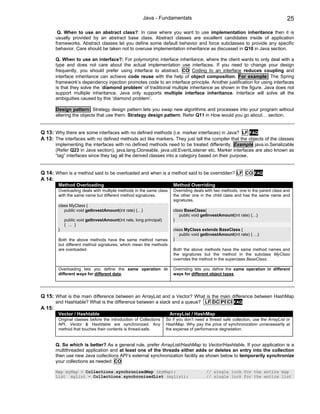 Java - Fundamentals                                                            25

         Q. When to use an abstract class?: In case where you want to use implementation inheritance then it is
        usually provided by an abstract base class. Abstract classes are excellent candidates inside of application
        frameworks. Abstract classes let you define some default behavior and force subclasses to provide any specific
        behavior. Care should be taken not to overuse implementation inheritance as discussed in Q10 in Java section.

        Q. When to use an interface?: For polymorphic interface inheritance, where the client wants to only deal with a
        type and does not care about the actual implementation use interfaces. If you need to change your design
        frequently, you should prefer using interface to abstract. CO Coding to an interface reduces coupling and
        interface inheritance can achieve code reuse with the help of object composition. For example: The Spring
        framework’s dependency injection promotes code to an interface principle. Another justification for using interfaces
        is that they solve the ‘diamond problem’ of traditional multiple inheritance as shown in the figure. Java does not
        support multiple inheritance. Java only supports multiple interface inheritance. Interface will solve all the
        ambiguities caused by this ‘diamond problem’.

        Design pattern: Strategy design pattern lets you swap new algorithms and processes into your program without
        altering the objects that use them. Strategy design pattern: Refer Q11 in How would you go about… section.


Q 13: Why there are some interfaces with no defined methods (i.e. marker interfaces) in Java? LF FAQ
A 13: The interfaces with no defined methods act like markers. They just tell the compiler that the objects of the classes
        implementing the interfaces with no defined methods need to be treated differently. Example java.io.Serializable
        (Refer Q23 in Java section), java.lang.Cloneable, java.util.EventListener etc. Marker interfaces are also known as
        “tag” interfaces since they tag all the derived classes into a category based on their purpose.


Q 14: When is a method said to be overloaded and when is a method said to be overridden? LF CO FAQ
A 14:
         Method Overloading                                              Method Overriding
         Overloading deals with multiple methods in the same class       Overriding deals with two methods, one in the parent class and
         with the same name but different method signatures.             the other one in the child class and has the same name and
                                                                         signatures.
         class MyClass {
            public void getInvestAmount(int rate) {…}                    class BaseClass{
                                                                            public void getInvestAmount(int rate) {…}
             public void getInvestAmount(int rate, long principal)       }
             { … }
         }                                                               class MyClass extends BaseClass {
                                                                            public void getInvestAmount(int rate) { …}
         Both the above methods have the same method names               }
         but different method signatures, which mean the methods
         are overloaded.                                                 Both the above methods have the same method names and
                                                                         the signatures but the method in the subclass MyClass
                                                                         overrides the method in the superclass BaseClass.

         Overloading lets you define the same operation in               Overriding lets you define the same operation in different
         different ways for different data.                              ways for different object types.




Q 15: What is the main difference between an ArrayList and a Vector? What is the main difference between HashMap
        and Hashtable? What is the difference between a stack and a queue? LF DC PI CI FAQ
A 15:
         Vector / Hashtable                                            ArrayList / HashMap
         Original classes before the introduction of Collections     So if you don’t need a thread safe collection, use the ArrayList or
         API. Vector & Hashtable are synchronized. Any               HashMap. Why pay the price of synchronization unnecessarily at
         method that touches their contents is thread-safe.          the expense of performance degradation.


        Q. So which is better? As a general rule, prefer ArrayList/HashMap to Vector/Hashtable. If your application is a
        multithreaded application and at least one of the threads either adds or deletes an entry into the collection
        then use new Java collections API‘s external synchronization facility as shown below to temporarily synchronize
        your collections as needed: CO

        Map myMap = Collections.synchronizedMap (myMap);                                  // single lock for the entire map
        List myList = Collections.synchronizedList (myList);                              // single lock for the entire list
 