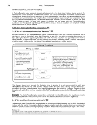 54                                                Java - Fundamentals

     Runtime Exceptions (unchecked exception)

     A RuntimeException class represents exceptions that occur within the Java virtual machine (during runtime). An
     example of a runtime exception is NullPointerException. The cost of checking for the runtime exception often
     outweighs the benefit of catching it. Attempting to catch or specify all of them all the time would make your code
     unreadable and unmaintainable. The compiler allows runtime exceptions to go uncaught and unspecified. If you
     like, you can catch these exceptions just like other exceptions. However, you do not have to declare it in your
     “throws" clause or catch it in your catch clause. In addition, you can create your own RuntimeException
     subclasses and this approach is probably preferred at times because checked exceptions can complicate method
     signatures and can be difficult to follow.

     Q. What are the exception handling best practices: BP

     1. Q. Why is it not advisable to catch type “Exception”? CO

     Exception handling in Java is polymorphic in nature. For example if you catch type Exception in your code then it
     can catch or throw its descendent types like IOException as well. So if you catch the type Exception before the
     type IOException then the type Exception block will catch the entire exceptions and type IOException block is
     never reached. In order to catch the type IOException and handle it differently to type Exception, IOException
     should be caught first (remember that you can’t have a bigger basket above a smaller basket).

                                              Catching Exceptions

                                W rong approach
        try{}
        catch(Exception ex){                        basket
            //this block is reached
        }
        catch(IO Exception ioe) {                                    H int: As shown in the diagram , think
                                                    basket           of catching an exception in a basket.
            //this block is never reached
            //There is a bigger basket                               You should alw ays have the sm aller
            //above m e who w ill catch it                           basket above the bigger basket.
            //before I can.                                          O therwise the bigger basket w ill
                                                                     catch all the exceptions and the
        }
                                                                     sm aller basket w ill not catch any.
                                 Right approach

        try{}                                       basket
        catch(IO Exception ioe){
        }
        catch(Exception ex) {
                                                     basket
        }



     The diagram above is an example for illustration only. In practice it is not recommended to catch type
     “Exception”. We should only catch specific subtypes of the Exception class. Having a bigger basket (i.e.
     Exception) will hide or cause problems. Since the RunTimeException is a subtype of Exception, catching the type
     Exception will catch all the run time exceptions (like NullPointerException, ArrayIndexOutOfBoundsException) as
     well.

     Example: The FileNotFoundException is extended (i.e. inherited) from the IOException. So (subclasses have to
     be caught first) FileNotFoundException (small basket) should be caught before IOException (big basket).

     2. Q. Why should you throw an exception early? CO

     The exception stack trace helps you pinpoint where an exception occurred by showing you the exact sequence of
     method calls that lead to the exception. By throwing your exception early, the exception becomes more accurate
     and more specific. Avoid suppressing or ignoring exceptions. Also avoid using exceptions just to get a flow control.

     Instead of:
     // assume this line throws an exception because filename == null.
     InputStream in = new FileInputStream(fileName);
     …
 