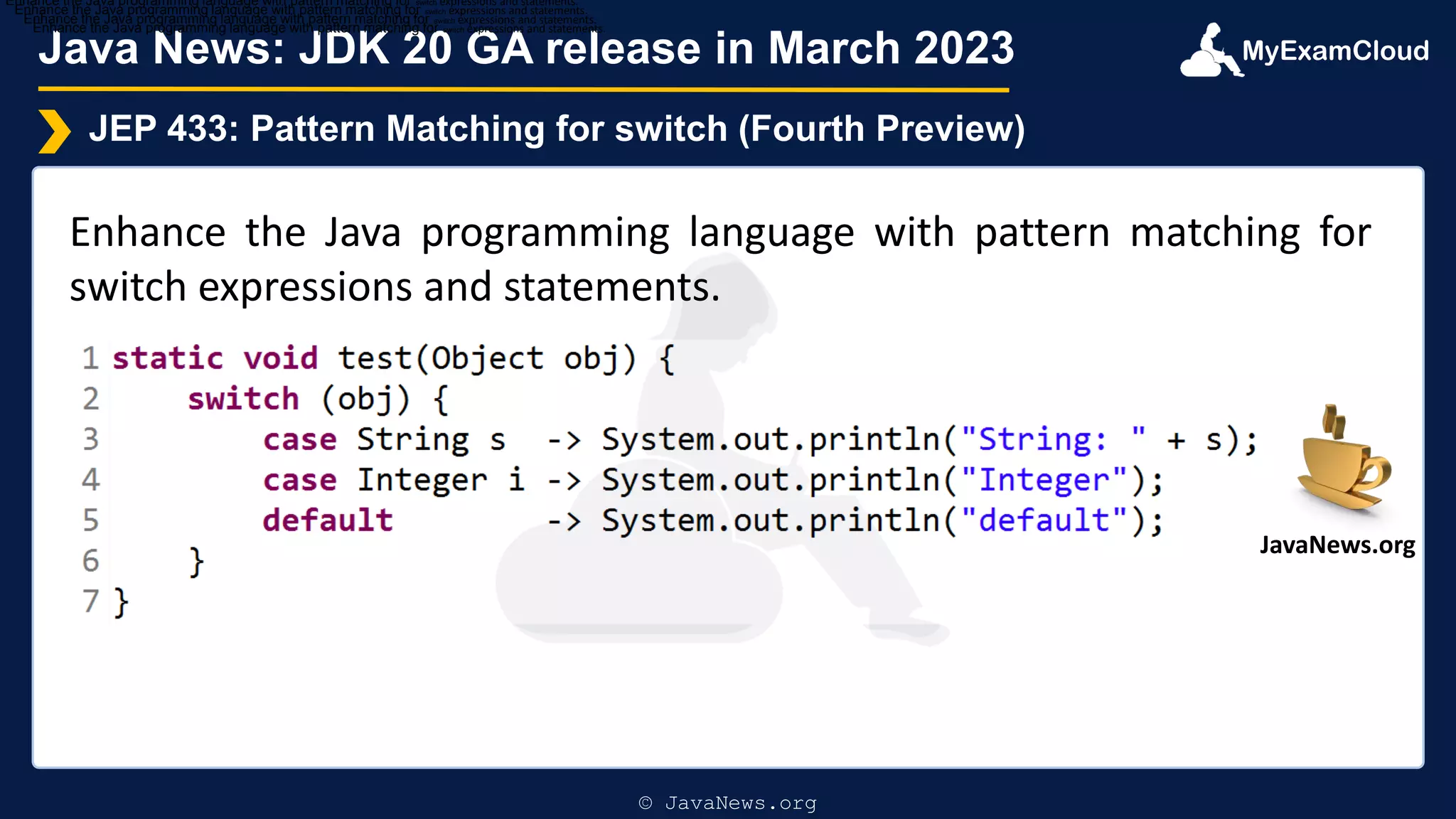 MyExamCloud
Java News: JDK 20 GA release in March 2023
JEP 433: Pattern Matching for switch (Fourth Preview)
Enhance the Java programming language with pattern matching for
switch expressions and statements.
Enhance the Java programming language with pattern matching for switch expressions and statements.
Enhance the Java programming language with pattern matching for switch expressions and statements.
Enhance the Java programming language with pattern matching for switch expressions and statements.
Enhance the Java programming language with pattern matching for switch expressions and statements.
© JavaNews.org
JavaNews.org
 