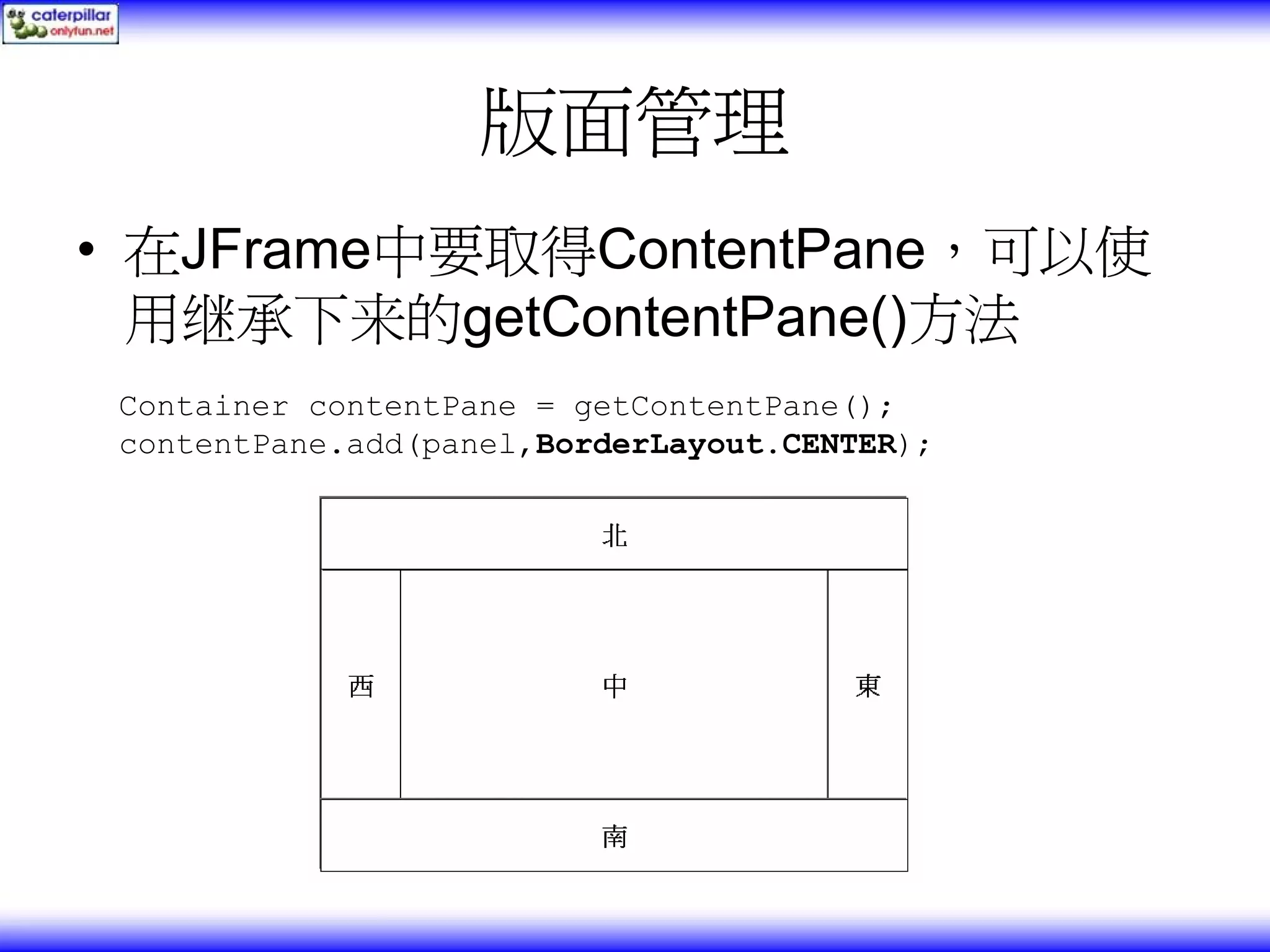 版面管理 • 在JFrame中要取得ContentPane，可以使 用继承下来的getContentPane()方法 Container contentPane = getContentPane(); contentPane.add(panel,BorderLayout.CENTER); 