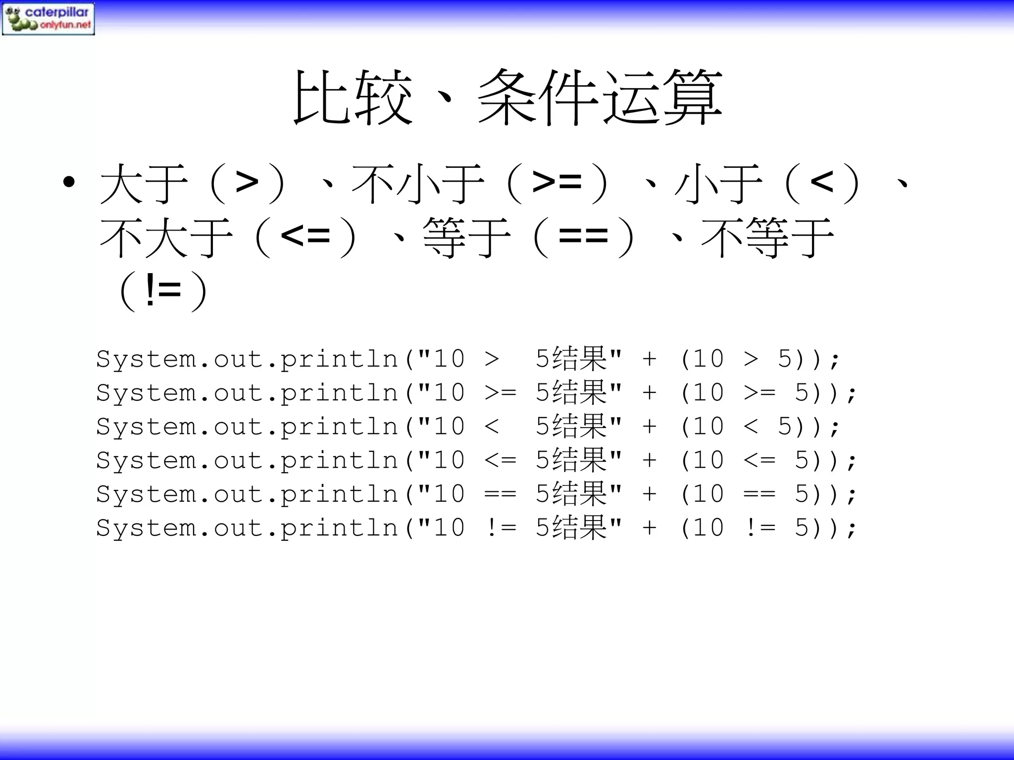 比较、条件运算 • 大于（>）、不小于（>=）、小于（<）、 不大于（<=）、等于（==）、不等于 （!=） System.out.println("10 > 5结果" + (10 > 5)); System.out.println("10 >= 5结果" + (10 >= 5)); System.out.println("10 < 5结果" + (10 < 5)); System.out.println("10 <= 5结果" + (10 <= 5)); System.out.println("10 == 5结果" + (10 == 5)); System.out.println("10 != 5结果" + (10 != 5)); 