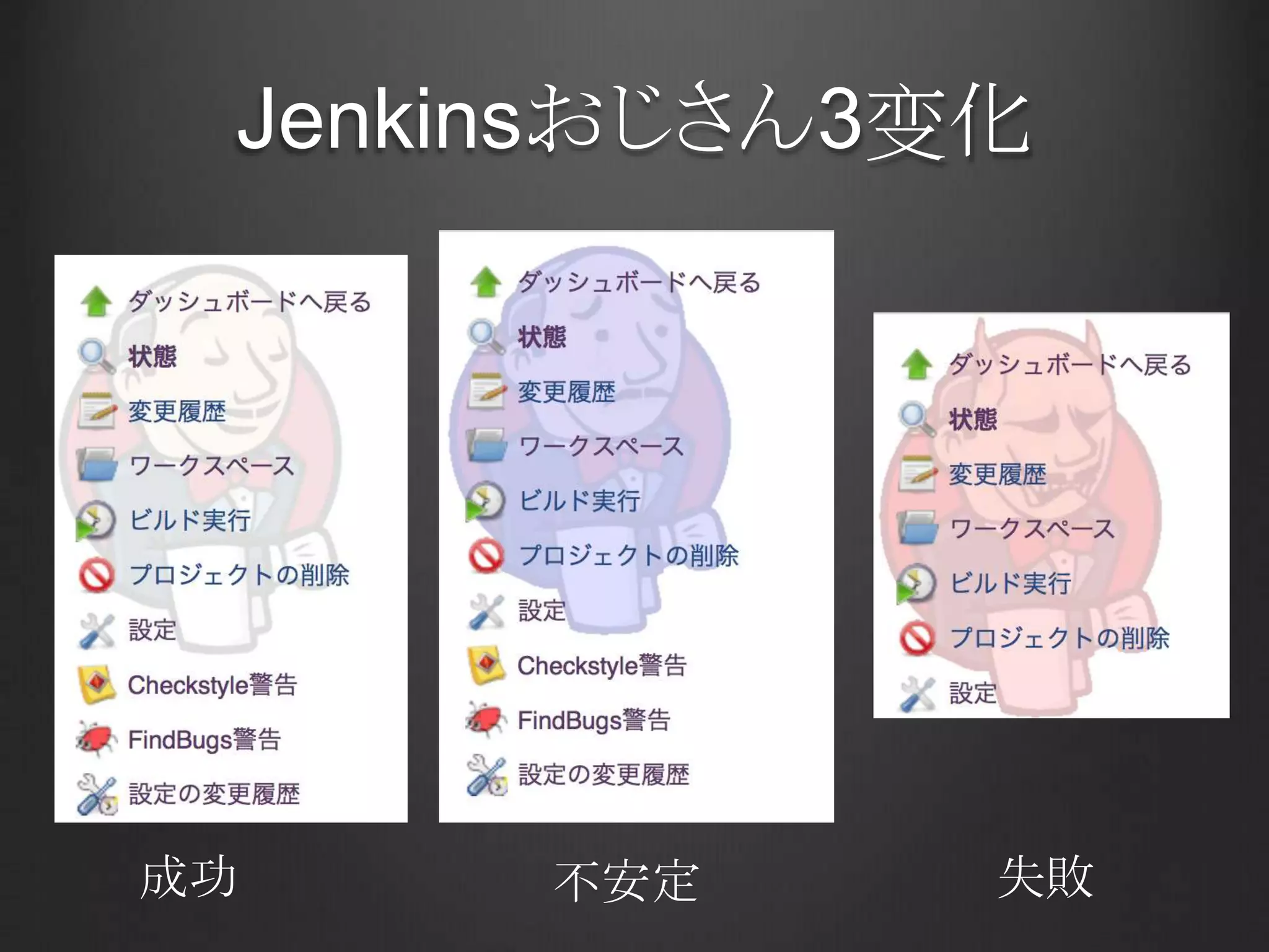 9. Emotional　Jenkins プラグイン	
https://wiki.jenkins-ci.org/display/JENKINS/Emotional+Jenkins+Plugin
ジョブの設定から	
 