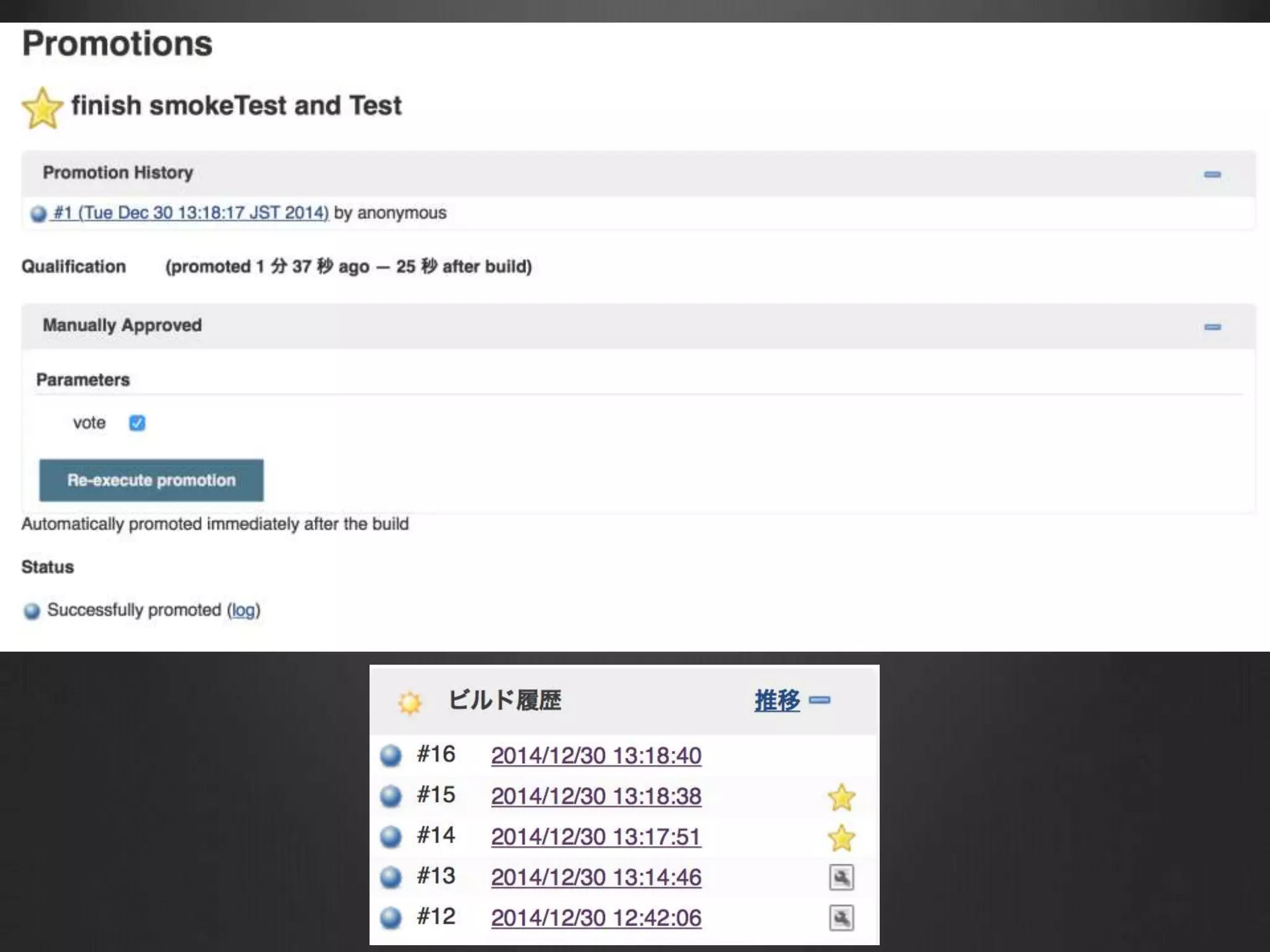 20. Promoted Builds プラグイン	
https://wiki.jenkins-ci.org/display/JENKINS/Promoted+Builds+Plugin
 