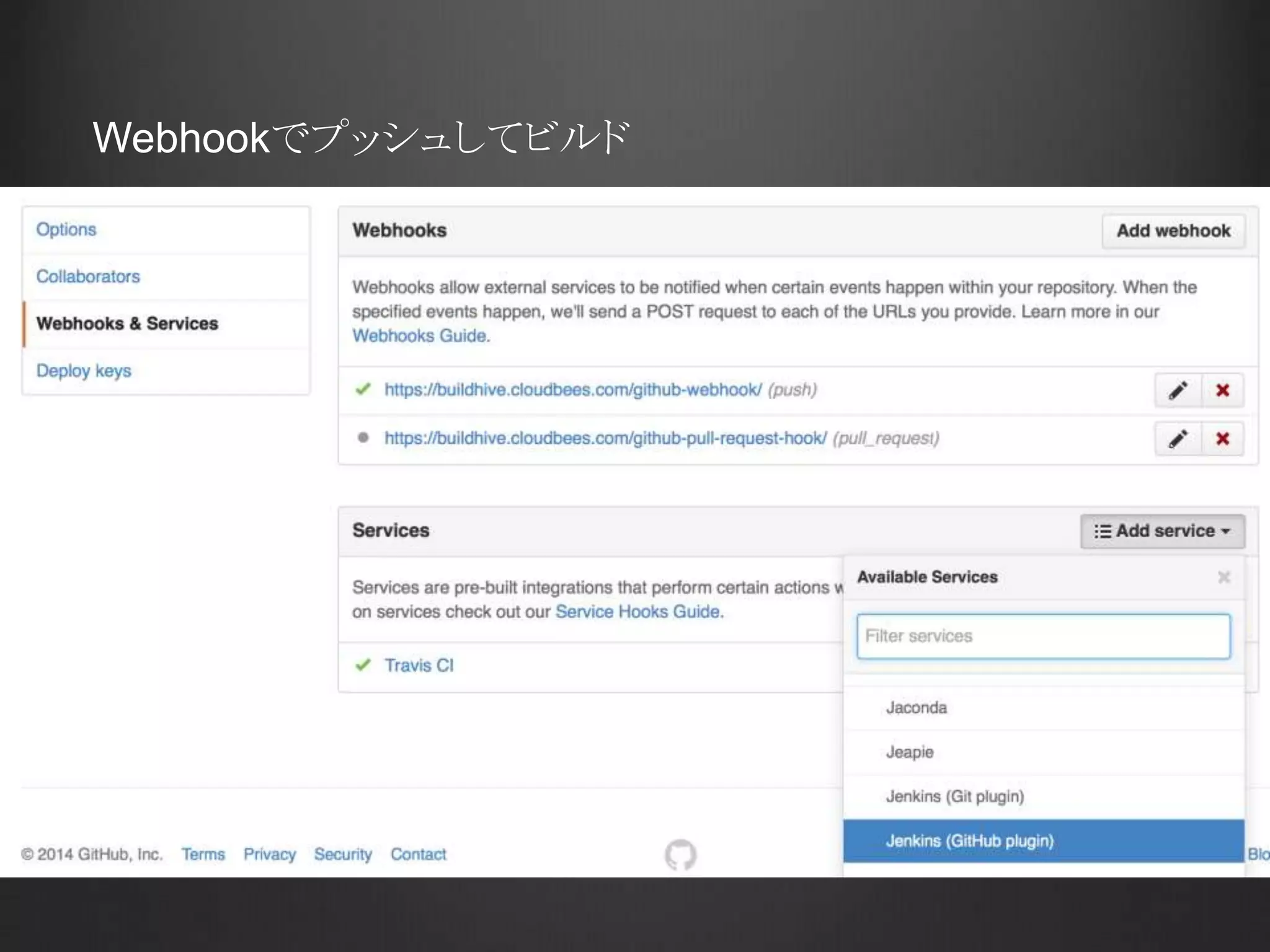 2. Github プラグイン	
https://wiki.jenkins-ci.org/display/JENKINS/GitHub+Plugin
 