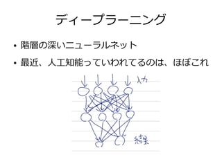 ディープラーニング
● 階層の深いニューラルネット
● 最近、人工知能っていわれてるのは、ほぼこれ
 