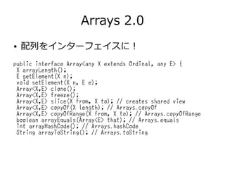 Arrays 2.0
● 配列をインターフェイスに！
public interface Array<any X extends Ordinal, any E> {
X arrayLength();
E getElement(X n);
void setElement(X n, E e);
Array<X,E> clone();
Array<X,E> freeze();
Array<X,E> slice(X from, X to); // creates shared view
Array<X,E> copyOf(X length); // Arrays.copyOf
Array<X,E> copyOfRange(X from, X to); // Arrays.copyOfRange
boolean arrayEquals(Array<E> that); // Arrays.equals
int arrayHashCode(); // Arrays.hashCode
String arrayToString(); // Arrays.toString
 