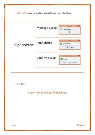 Java JOptionPane tutorial - Message, input, and confirm dialogs | PDF