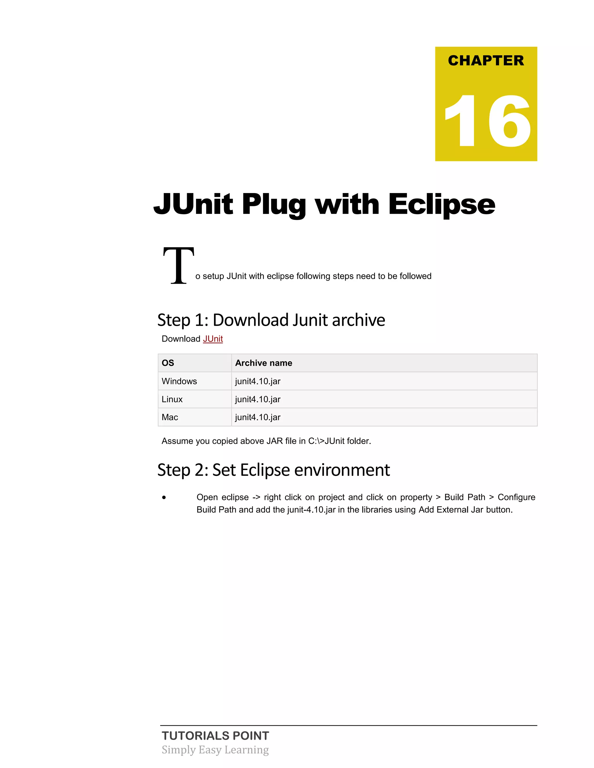 TUTORIALS POINT
Simply Easy Learning
JUnit Plug with Eclipse
To setup JUnit with eclipse following steps need to be followed
Step 1: Download Junit archive
Download JUnit
OS Archive name
Windows junit4.10.jar
Linux junit4.10.jar
Mac junit4.10.jar
Assume you copied above JAR file in C:>JUnit folder.
Step 2: Set Eclipse environment
 Open eclipse -> right click on project and click on property > Build Path > Configure
Build Path and add the junit-4.10.jar in the libraries using Add External Jar button.
CHAPTER
16
 