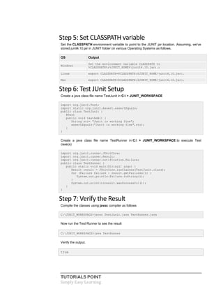 TUTORIALS POINT
Simply Easy Learning
Step 5: Set CLASSPATH variable
Set the CLASSPATH environment variable to point to the JUNIT jar location. Assuming, we've
stored junit4.10.jar in JUNIT folder on various Operating Systems as follows.
OS Output
Windows
Set the environment variable CLASSPATH to
%CLASSPATH%;%JUNIT_HOME%junit4.10.jar;.;
Linux export CLASSPATH=$CLASSPATH:$JUNIT_HOME/junit4.10.jar:.
Mac export CLASSPATH=$CLASSPATH:$JUNIT_HOME/junit4.10.jar:.
Step 6: Test JUnit Setup
Create a java class file name TestJunit in C: > JUNIT_WORKSPACE
import org.junit.Test;
import static org.junit.Assert.assertEquals;
public class TestJunit {
@Test
public void testAdd() {
String str= "Junit is working fine";
assertEquals("Junit is working fine",str);
}
}
Create a java class file name TestRunner in C: > JUNIT_WORKSPACE to execute Test
case(s)
import org.junit.runner.JUnitCore;
import org.junit.runner.Result;
import org.junit.runner.notification.Failure;
public class TestRunner {
public static void main(String[] args) {
Result result = JUnitCore.runClasses(TestJunit.class);
for (Failure failure : result.getFailures()) {
System.out.println(failure.toString());
}
System.out.println(result.wasSuccessful());
}
}
Step 7: Verify the Result
Compile the classes using javac compiler as follows
C:JUNIT_WORKSPACE>javac TestJunit.java TestRunner.java
Now run the Test Runner to see the result
C:JUNIT_WORKSPACE>java TestRunner
Verify the output.
true
 