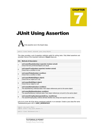 TUTORIALS POINT
Simply Easy Learning
JUnit Using Assertion
All the assertion are in the Assert class.
public class Assert extends java.lang.Object
This class provides a set of assertion methods useful for writing tests. Only failed assertions are
recorded. Some of the important methods of Assert class are:
S.N. Methods & Description
1
void assertEquals(boolean expected, boolean actual)
Check that two primitives/Objects are equal
2
void assertTrue(boolean expected, boolean actual)
Check that a condition is true
3
void assertFalse(boolean condition)
Check that a condition is false
4
void assertNotNull(Object object)
Check that an object isn't null.
5
void assertNull(Object object)
Check that an object is null
6
void assertSame(boolean condition)
The assertSame() methods tests if two object references point to the same object
7
void assertNotSame(boolean condition)
The assertNotSame() methods tests if two object references not point to the same object
8
void assertArrayEquals(expectedArray, resultArray);
The assertArrayEquals() method will test whether two arrays are equal to each other.
Let's try to cover all of the above mentioned methods in an example. Create a java class file name
TestAssertions.java in C: > JUNIT_WORKSPACE
import org.junit.Test;
import static org.junit.Assert.*;
public class TestAssertions {
CHAPTER
7
 