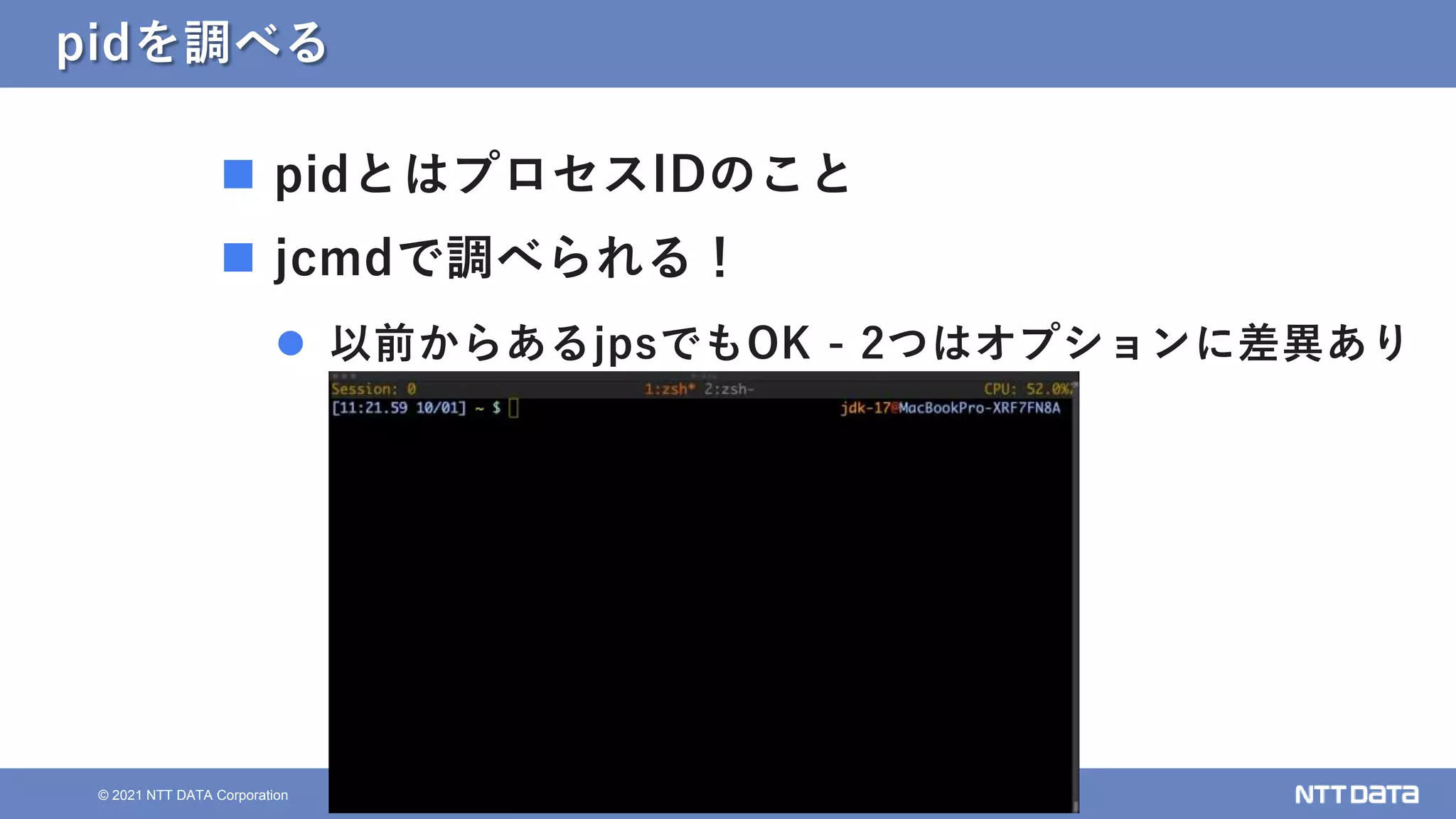 16
© 2021 NTT DATA Corporation
pidを調べる
 pidとはプロセスIDのこと
 jcmdで調べられる！
 以前からあるjpsでもOK - 2つはオプションに差異あり
 