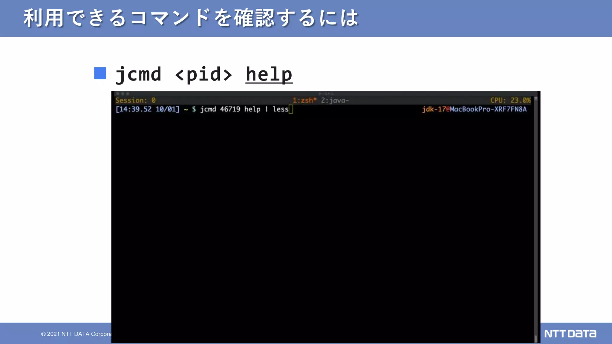 17
© 2021 NTT DATA Corporation
利用できるコマンドを確認するには
 jcmd <pid> help
 