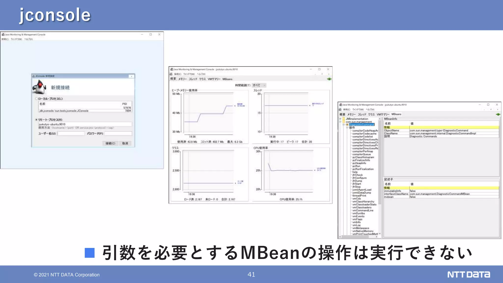 41
© 2021 NTT DATA Corporation
jconsole
 引数を必要とするMBeanの操作は実行できない
 