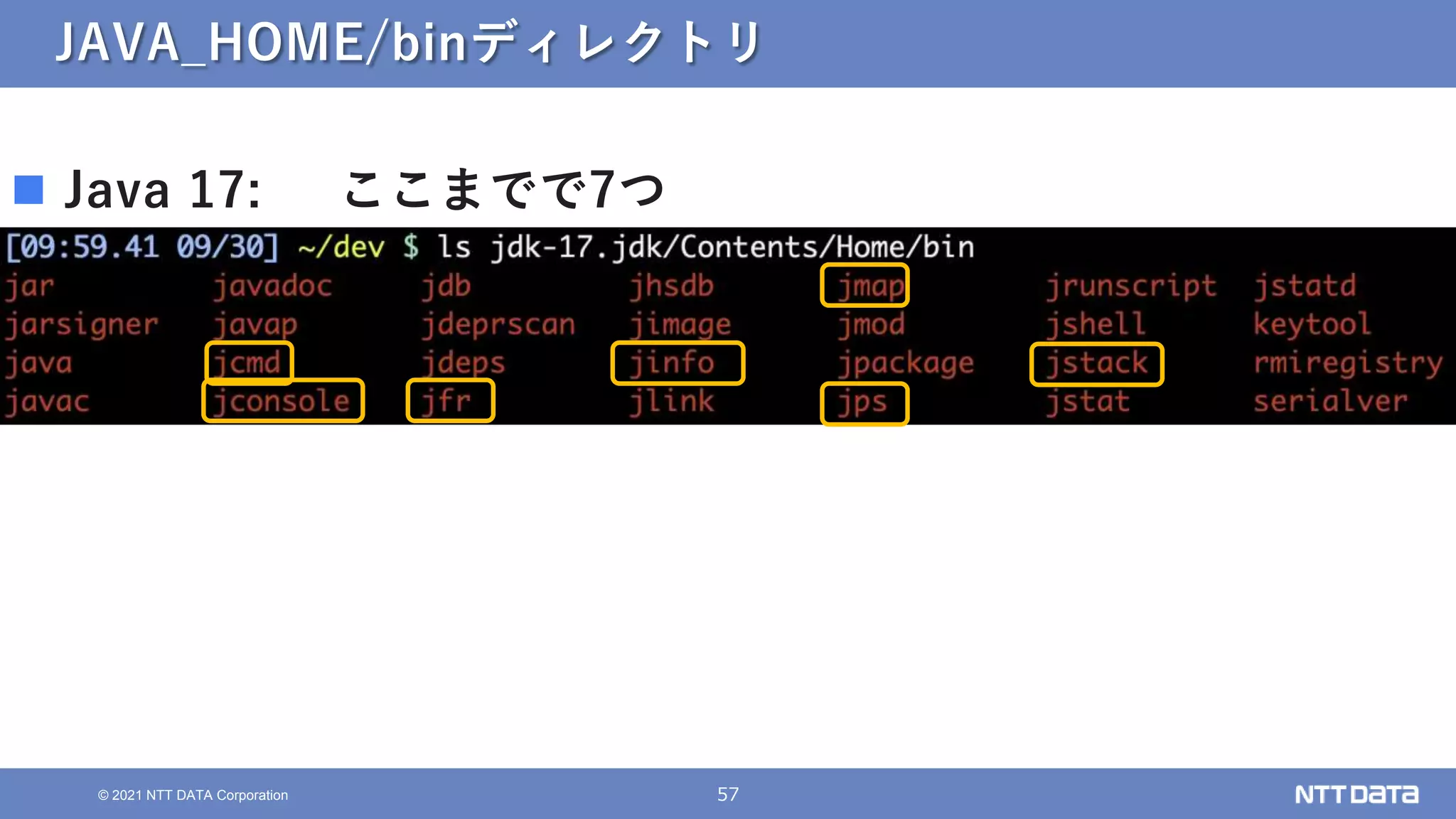 57
© 2021 NTT DATA Corporation
JAVA_HOME/binディレクトリ
 Java 17: ここまでで7つ
 