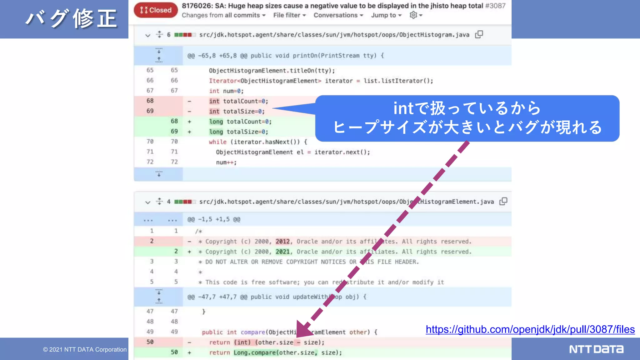 68
© 2021 NTT DATA Corporation
バグ修正
https://github.com/openjdk/jdk/pull/3087/files
intで扱っているから
ヒープサイズが大きいとバグが現れる
 